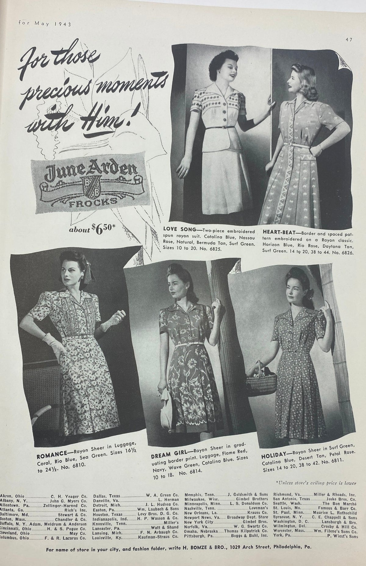 Fashion advertisement featuring June Arden dresses from Mademoiselle Magazine May 1943, showcasing styles suitable for women during the 1940s.