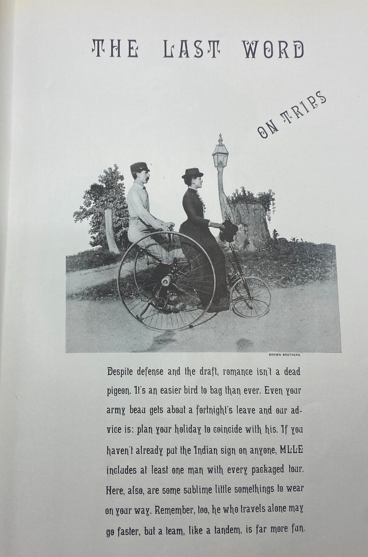 Page titled 'The Last Word on Trips' from Mademoiselle Magazine June 1941 Vacation Special, featuring a vintage photo of two people on a bicycle.
