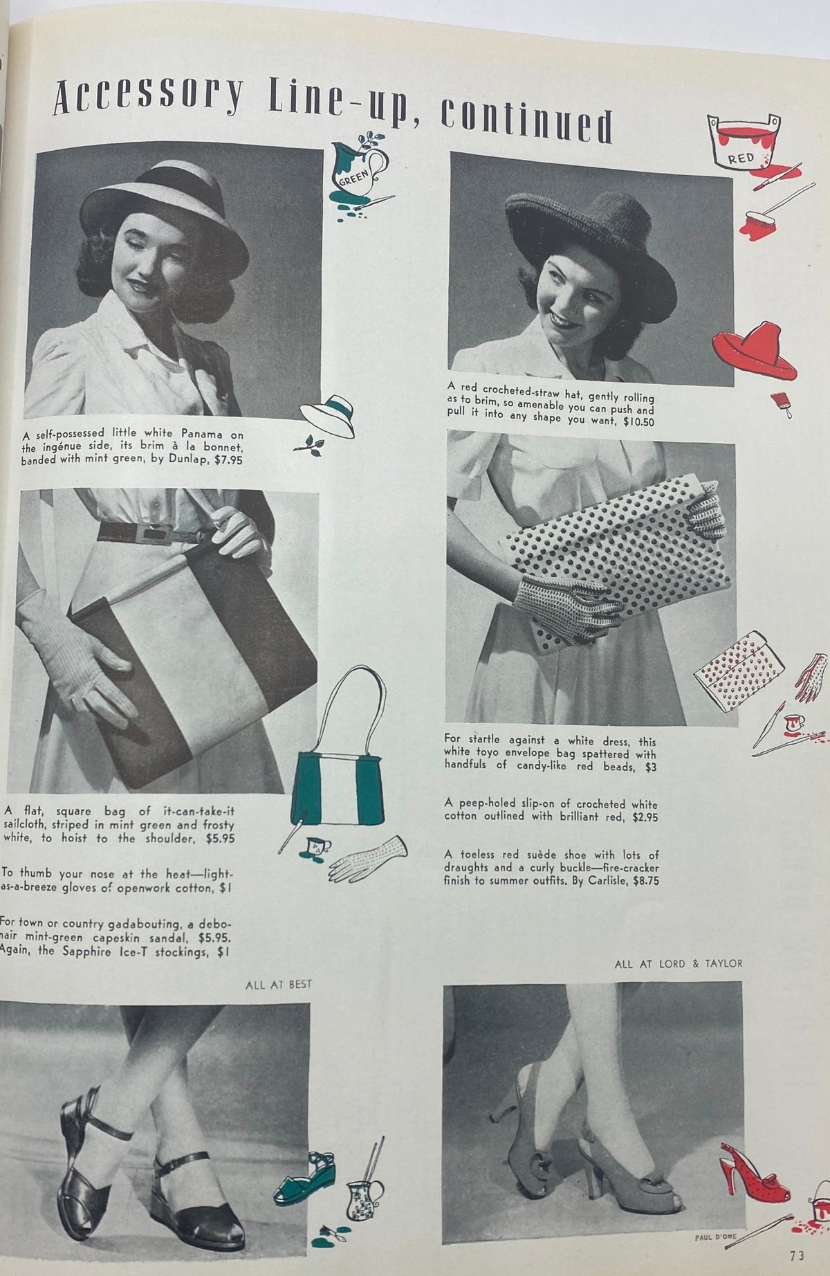 Accessory lineup from Mademoiselle Magazine June 1941 Vacation Special, displaying various fashionable hats, bags, and shoes with descriptions and prices.