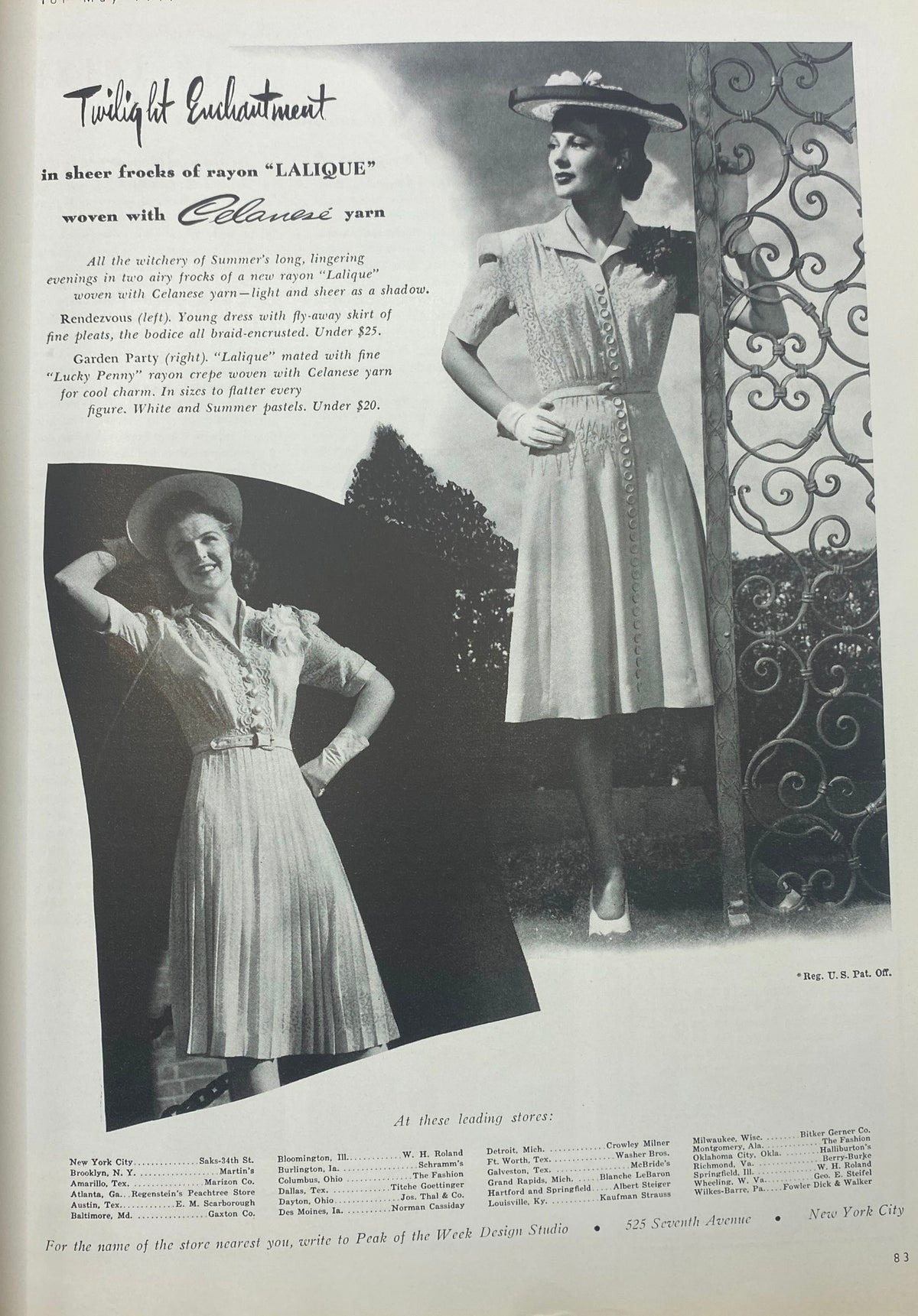 Mademoiselle Magazine May 1941 Career Number featuring vintage fashion advertisement showcasing airy rayon dresses, illustrated by Paul D'Ome, highlighting women's styles for summer evenings.