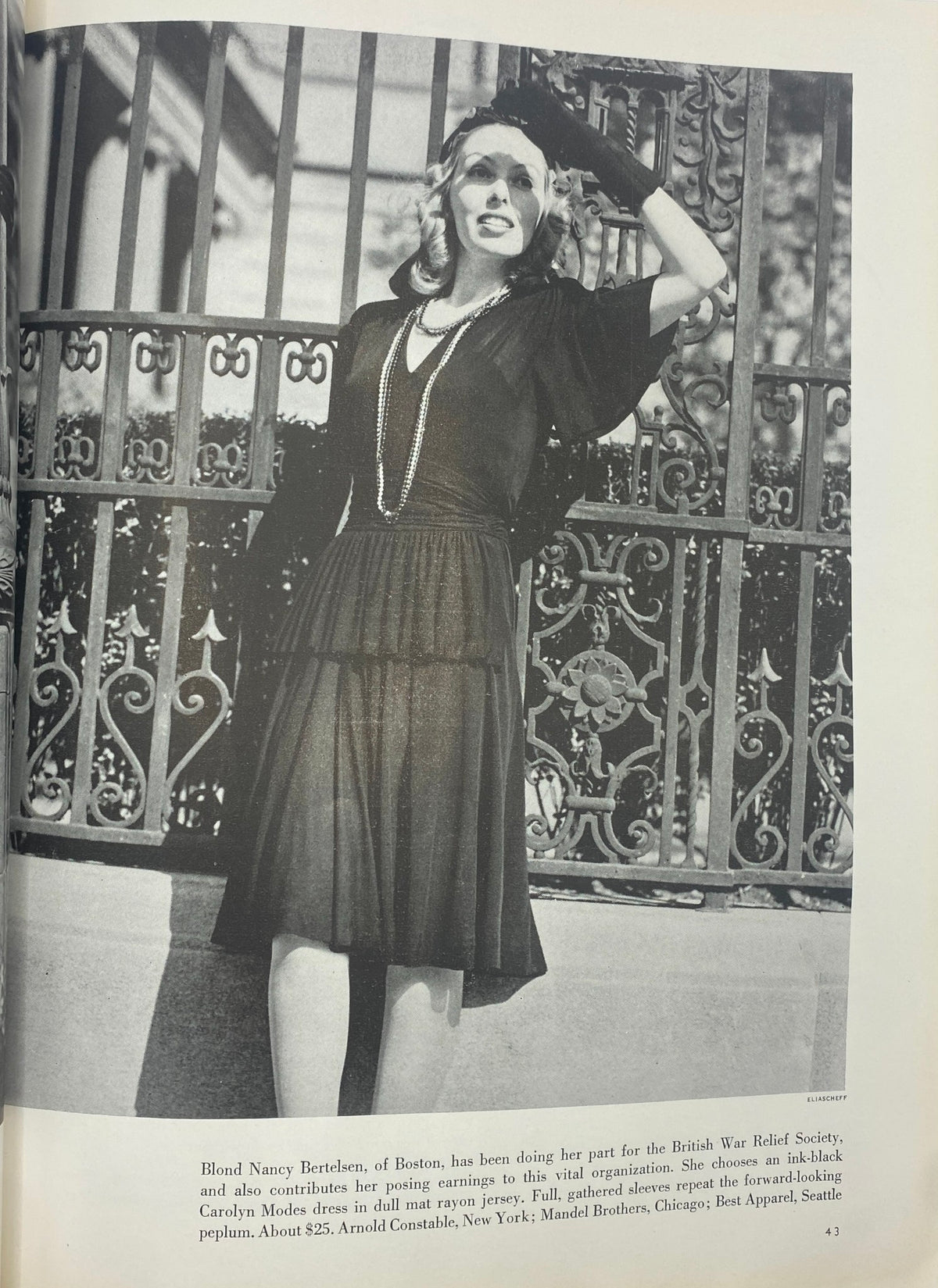 A vintage black and white photograph of a model named Nancy Bertelsen in a dark dress, featured in Mademoiselle Magazine July 1941 Summer Beauty Issue.