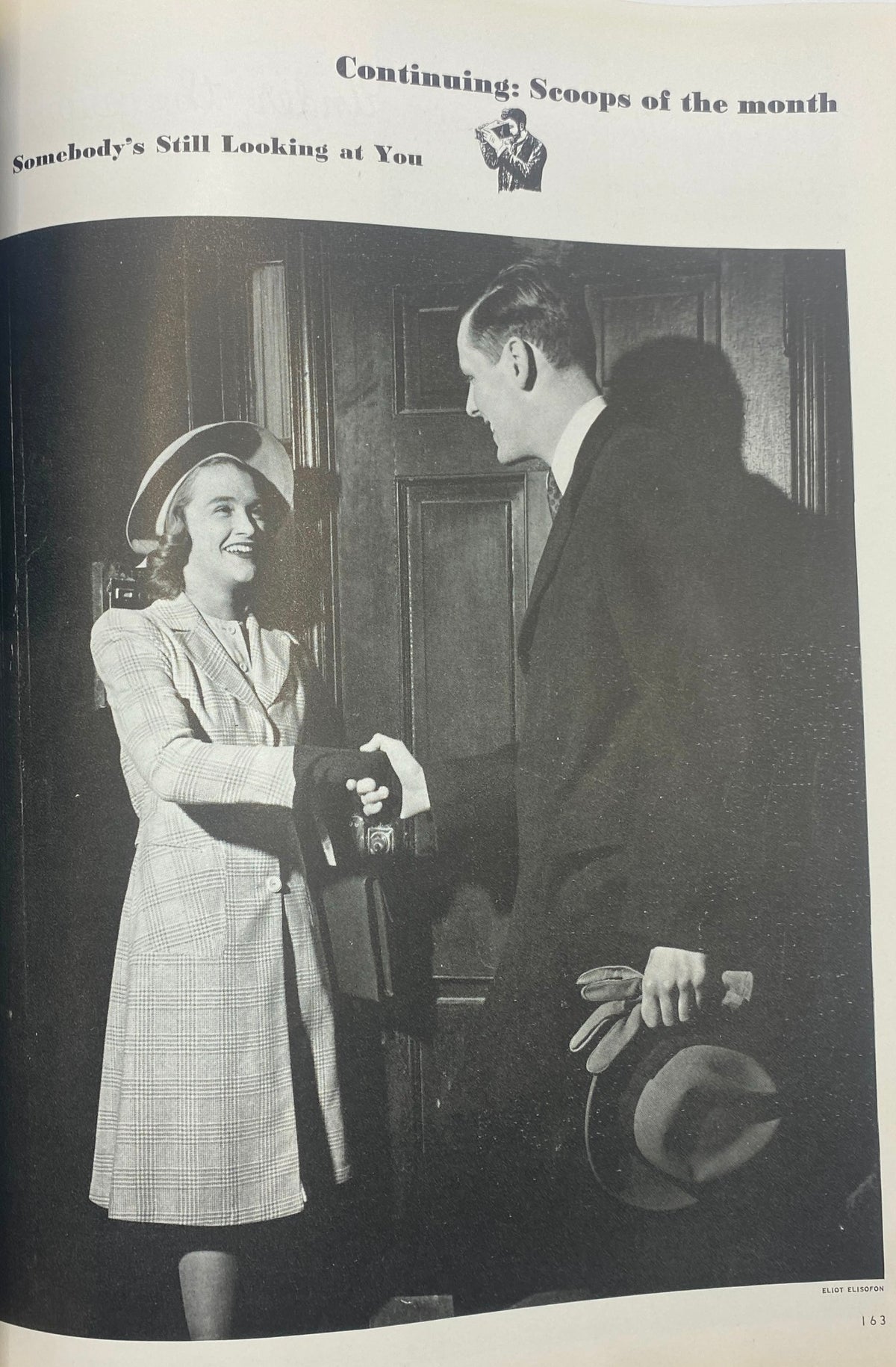 Mademoiselle Magazine March 1941 image capturing a black and white photograph of a couple shaking hands, depicting the social dynamics and fashion of the early 1940s.