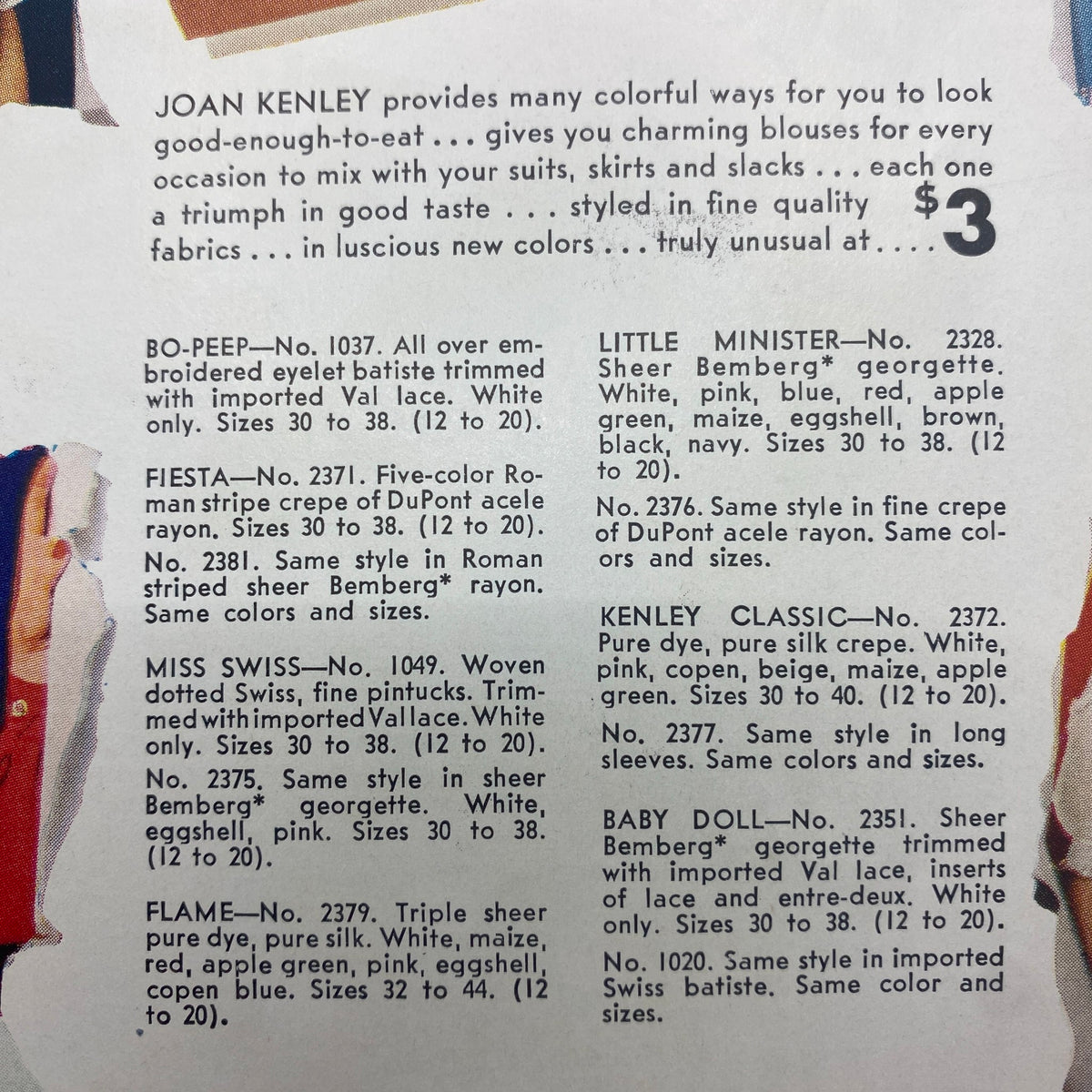 Page from Mademoiselle Magazine, February 1941, detailing colorful clothing designs by Joan Kenley, featuring blouses and dresses suitable for younger women.