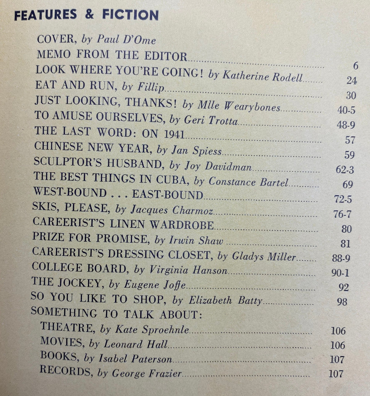Features and fiction page from Mademoiselle Magazine January 1941 Travel and Resort Number showcasing the contents including articles by various contributors.