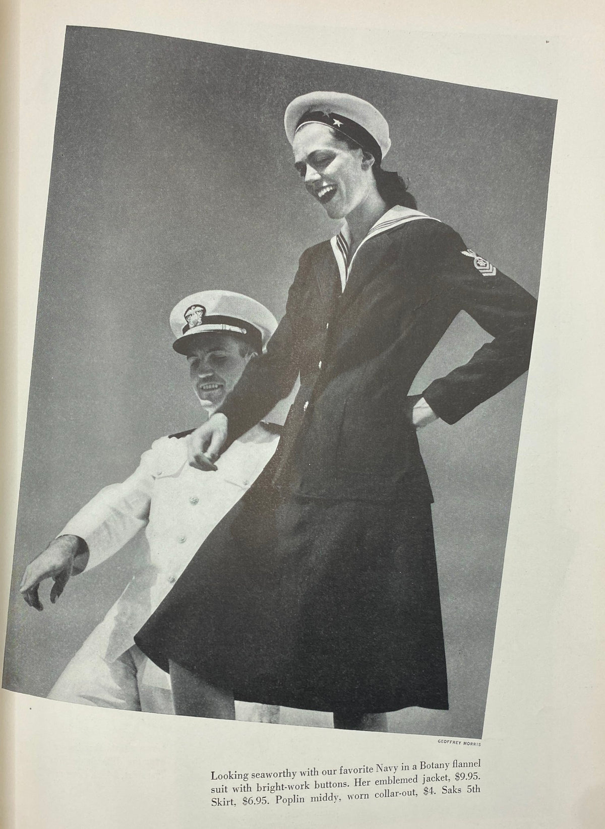 Vintage fashion photograph from Mademoiselle Magazine January 1941 Travel and Resort Number featuring a woman in a naval-inspired outfit with a man in a Navy uniform.