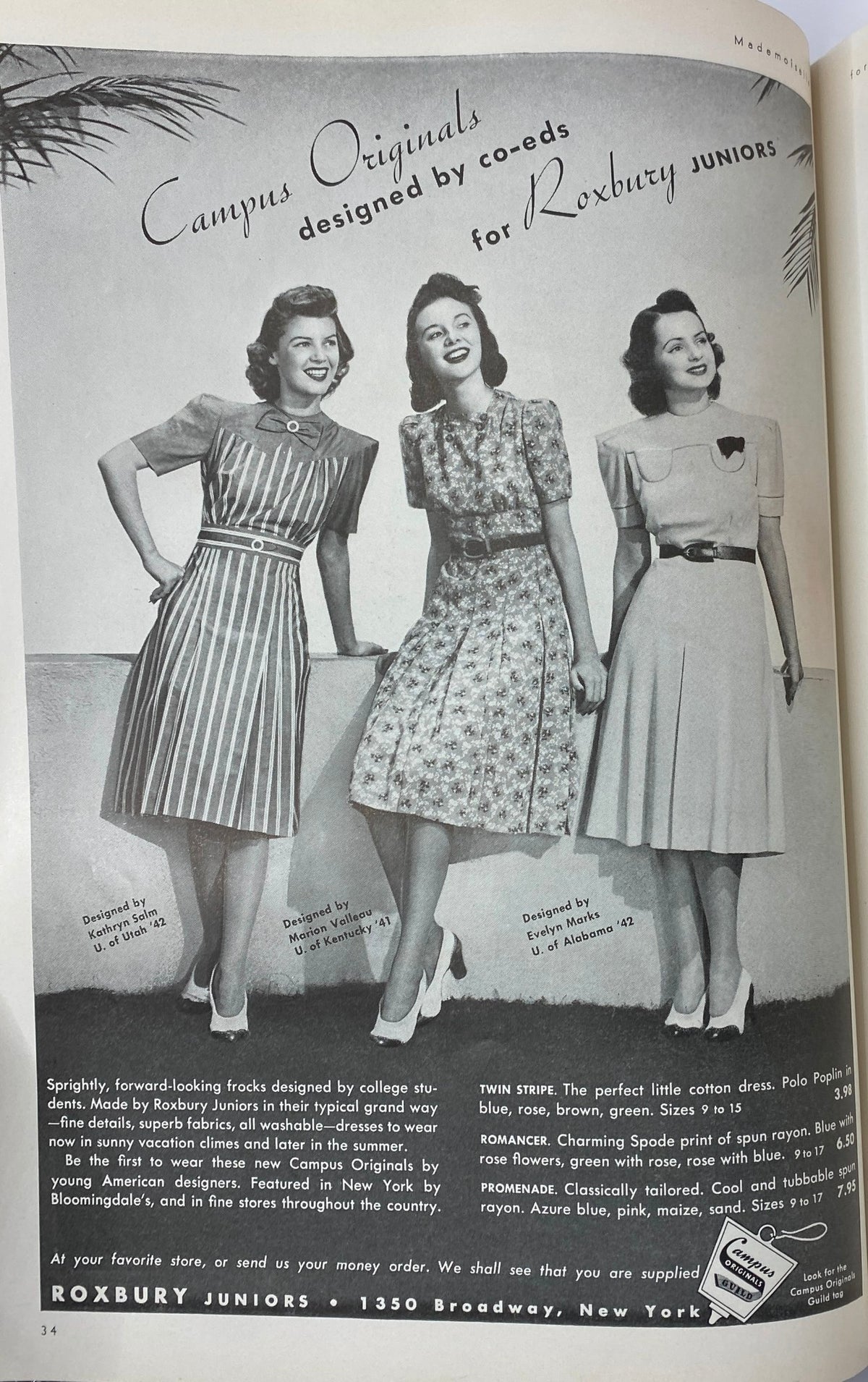 Advertisment for Roxbury Juniors featuring college students in stylish dresses from Mademoiselle Magazine January 1941 Travel and Resort Number.