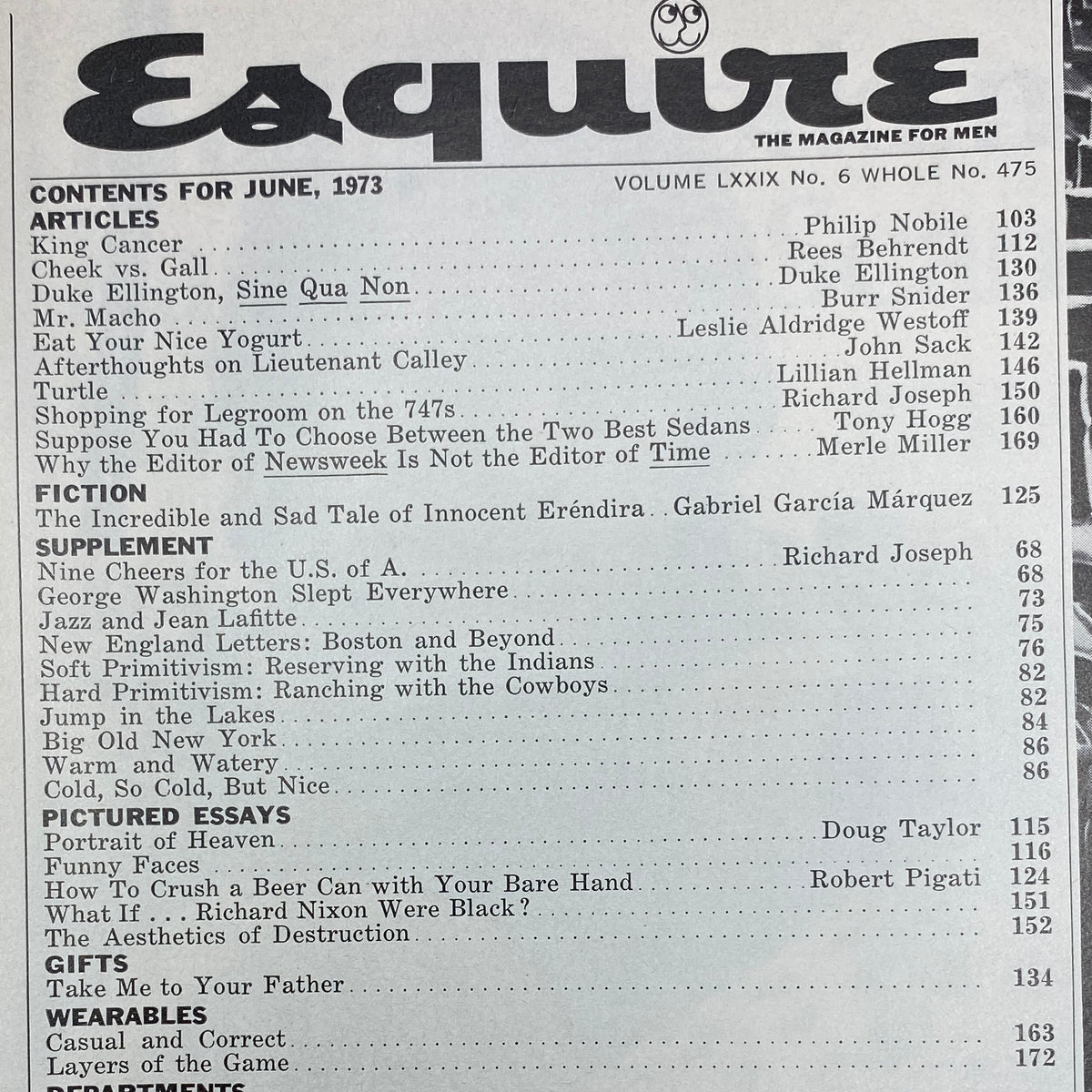 Contents page of Esquire Magazine June 1973, listing articles including 'King Cancer' and 'The Incredible and Sad Tale of Innocent Eréndira' by Gabriel Garcia Marquez.
