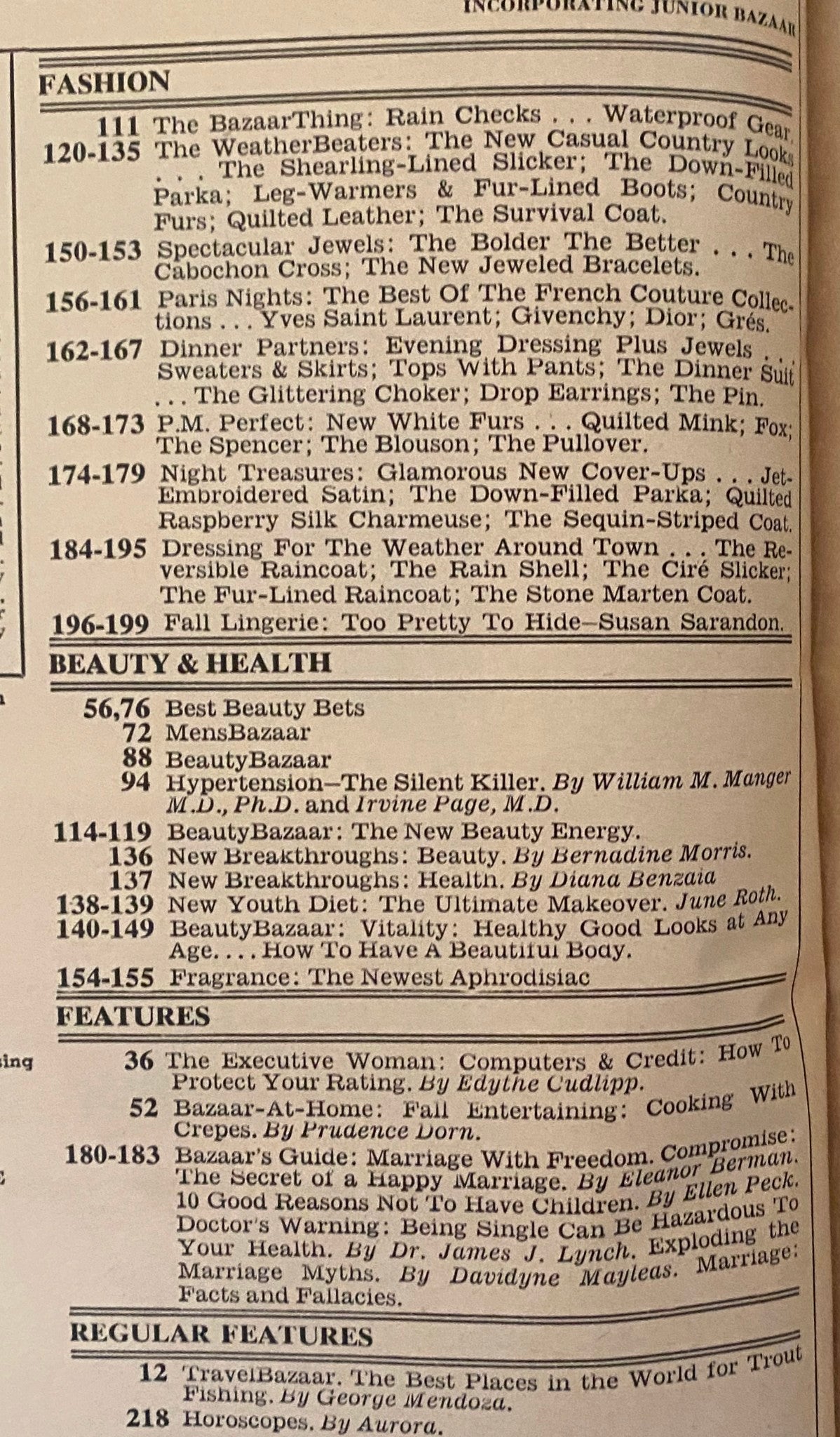 Table of contents from Harper's Bazaar Magazine October 1978 featuring fashion, beauty, and features including articles on waterproof gear and evening dressing.