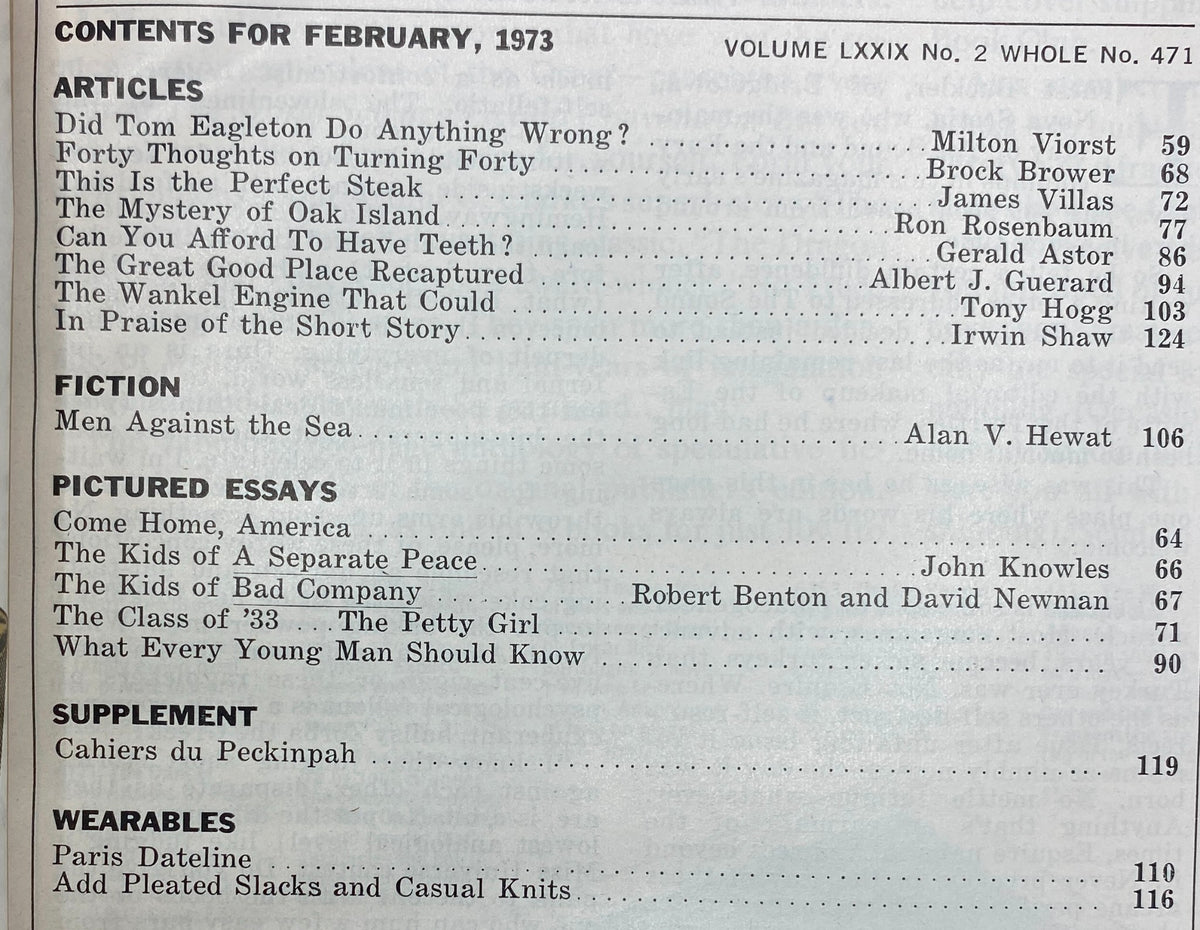 Contents page from Esquire Magazine February 1973 detailing various articles including 'Did Tom Eagleton Do Anything Wrong?' and 'Men Against the Sea'.