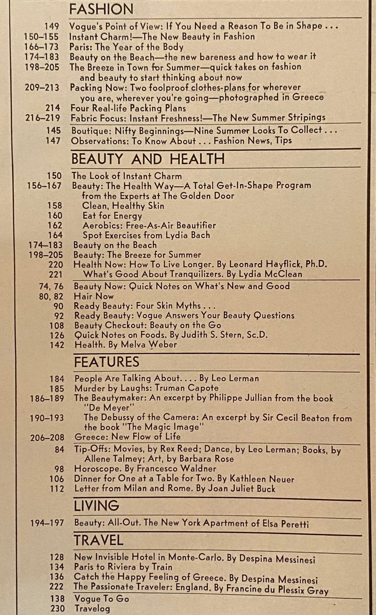 Table of contents from Vogue Magazine April 1976, detailing articles on fashion, beauty, health, and lifestyle.