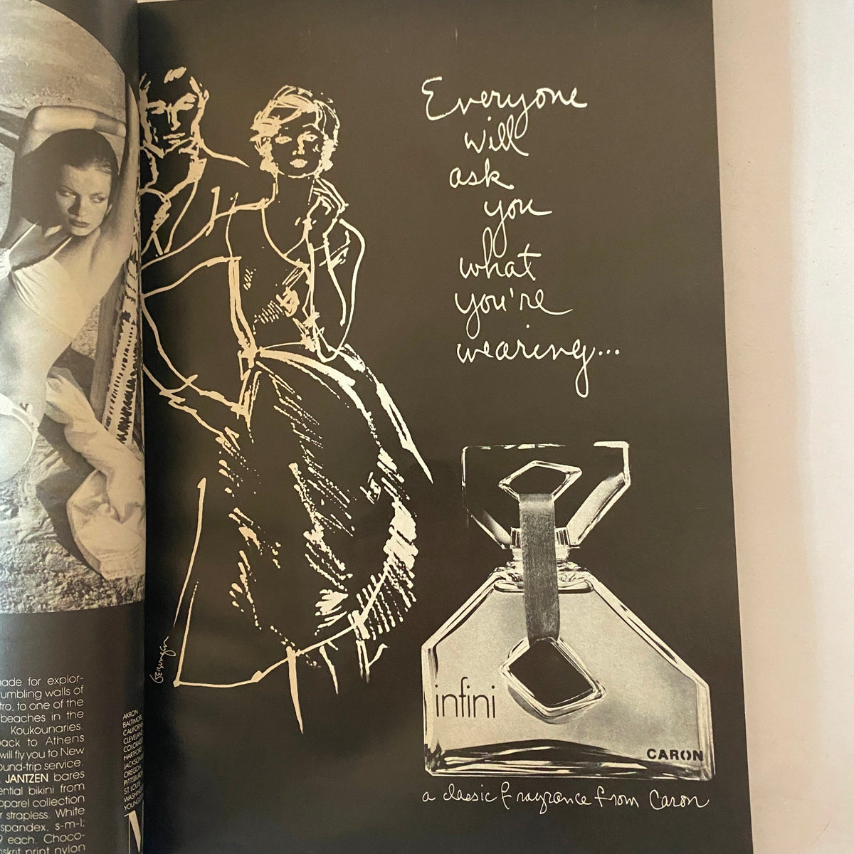 Vintage perfume advertisement from Vogue Magazine April 1976, promoting 'Infini' by Caron, with a focus on fashion and elegance.