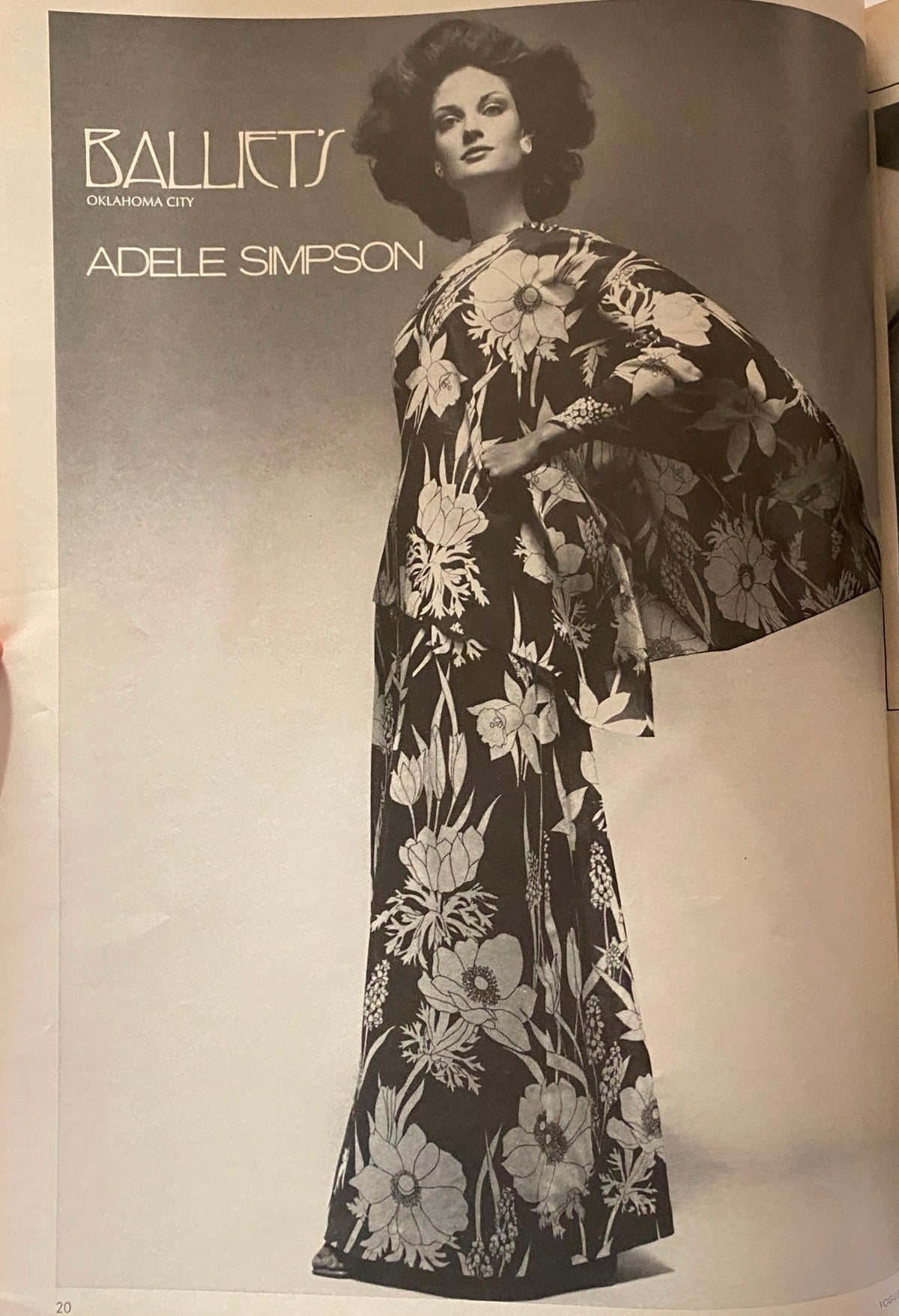 Vogue Magazine February 1976 Rosie Vela Cover featuring a model dressed in a floral patterned gown by Adele Simpson, showcasing 1970s fashion.