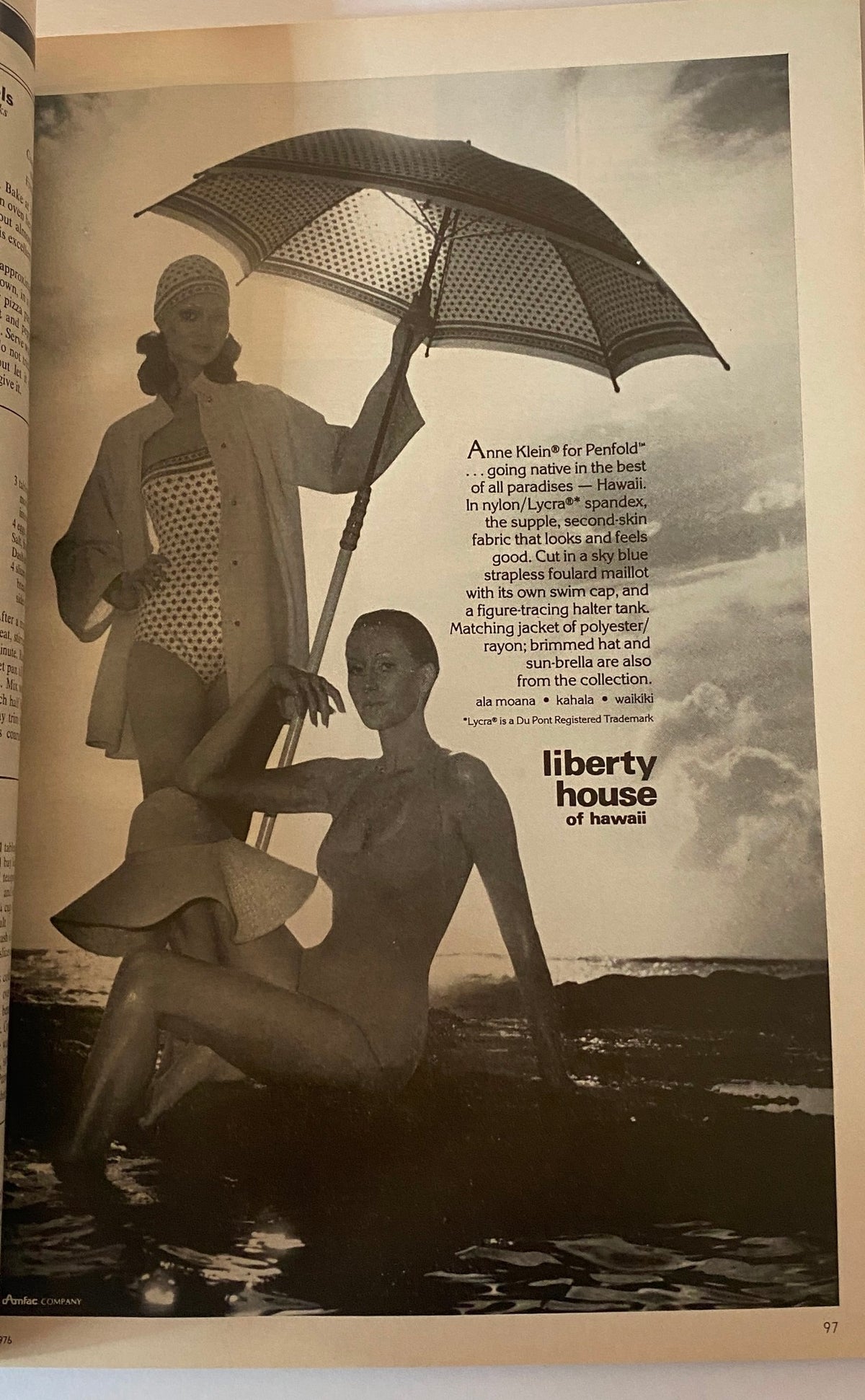 Vogue Magazine February 1976 Rosie Vela Cover depicting two models in swimwear by Anne Klein for Penfold, highlighted with a vintage umbrella, emphasizing summer styles.