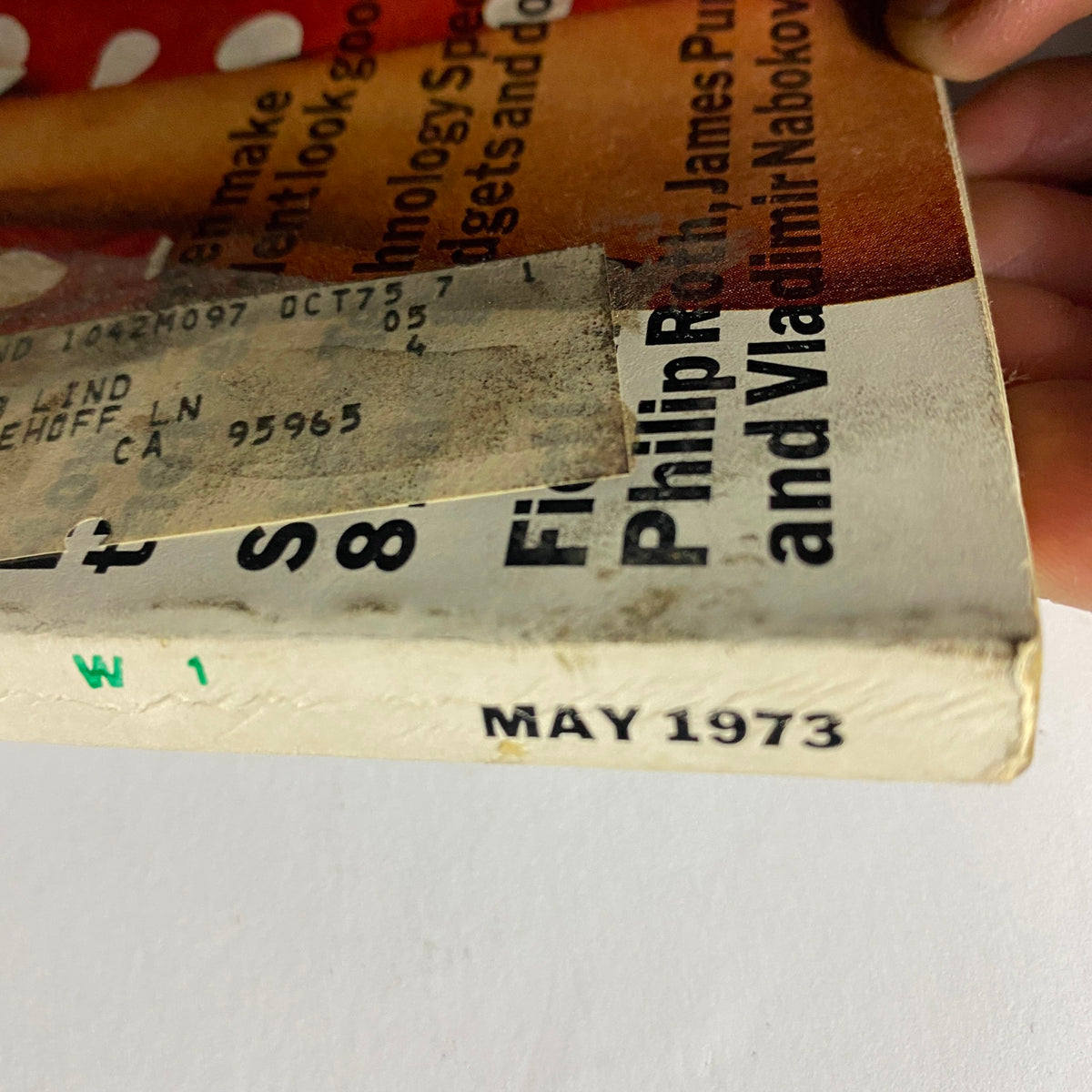 Side view of Esquire Magazine May 1973 showing the spine with text and vintage mailing label, highlighting the magazine's condition and era.