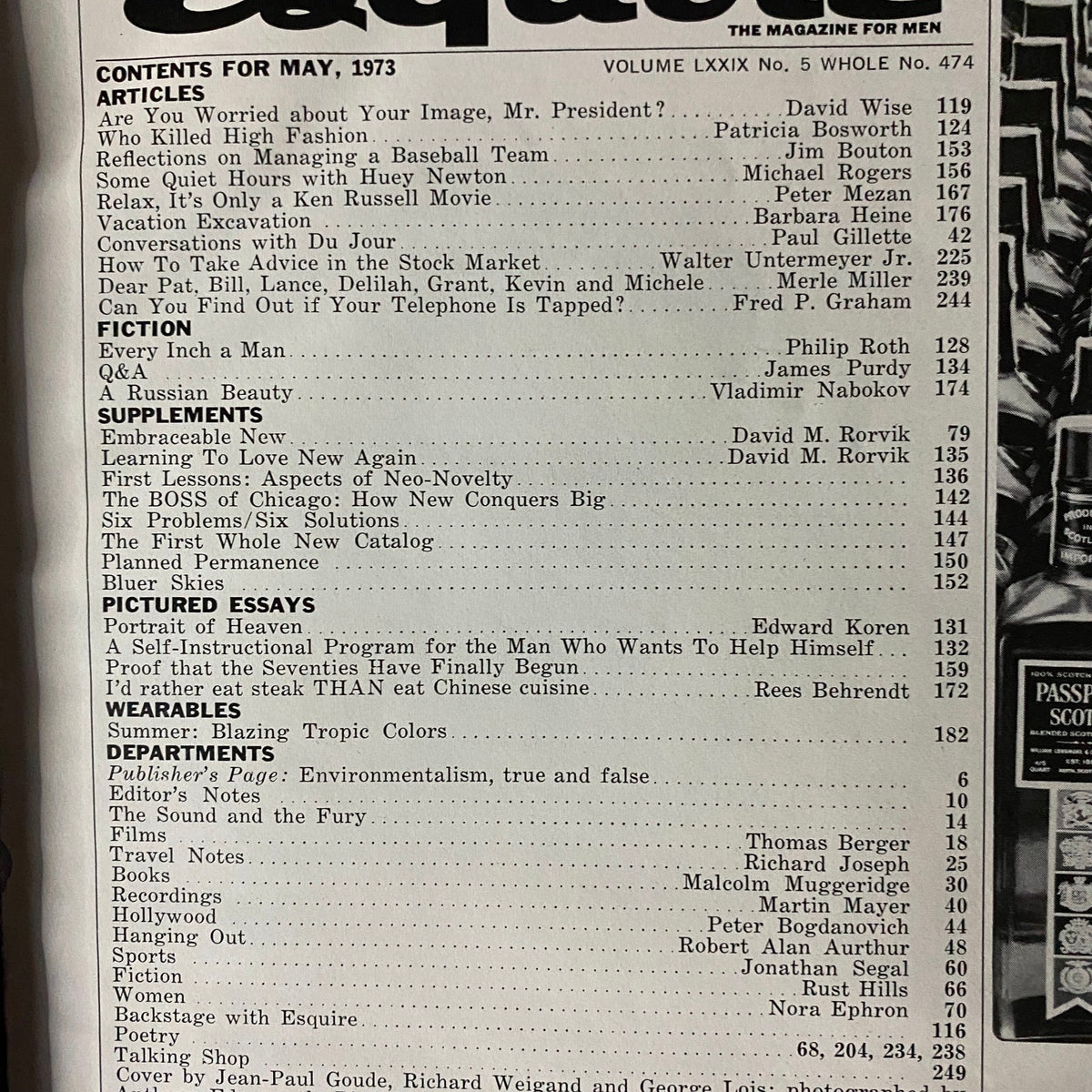 Contents page of Esquire Magazine May 1973 listing articles and features, illustrating the diverse topics covered in this vintage issue.