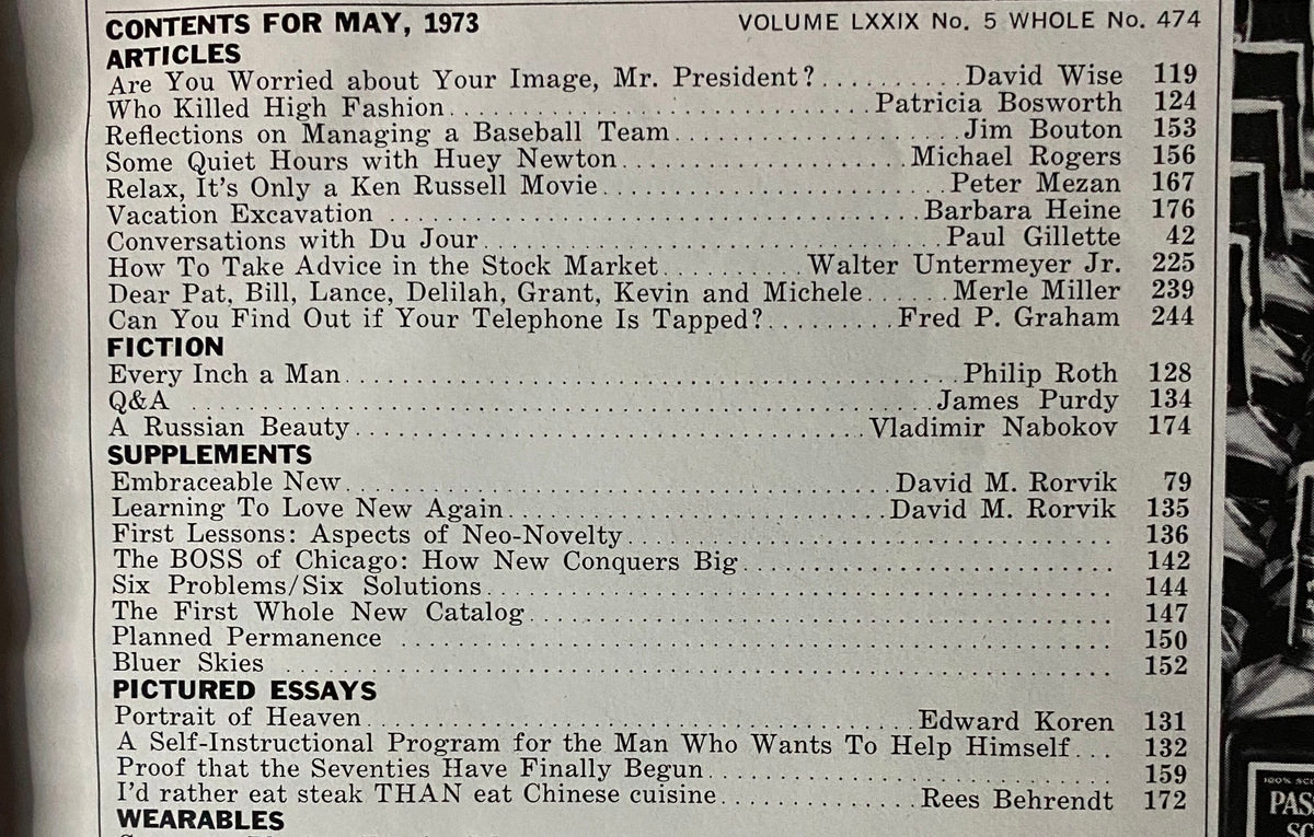 Another view of the contents page of Esquire Magazine May 1973, detailing articles and fiction, showcasing the magazine's literary richness.