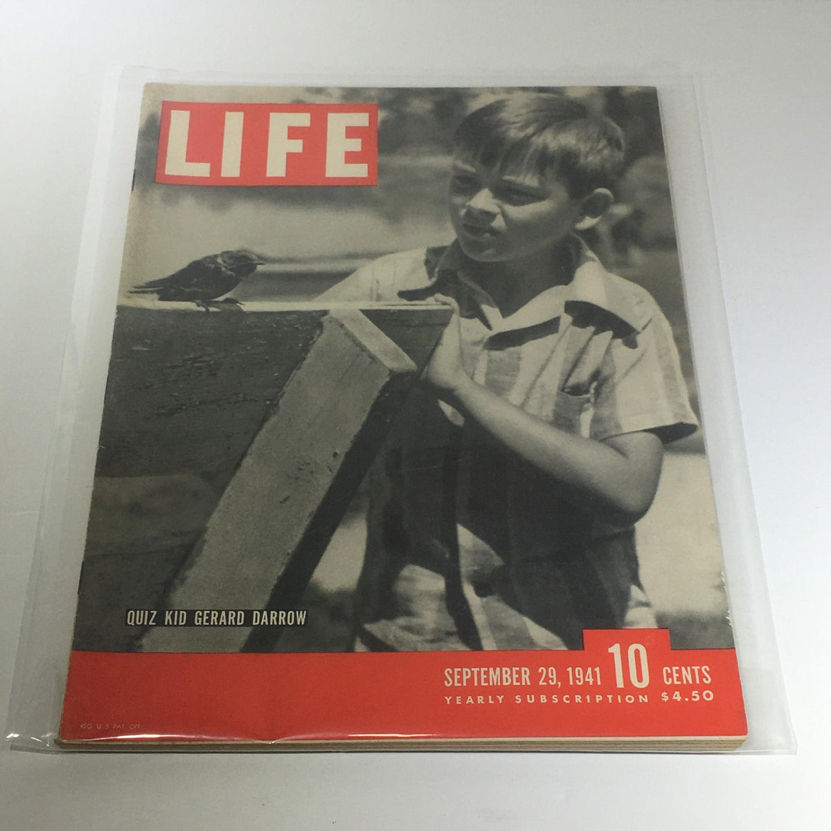 Vintage Life Magazine cover from September 29, 1941 featuring Quiz Kid Gerard Darrow, showcasing a nostalgic image of a young boy with a bird, highlighting the retro aesthetics of early 1940s publications.