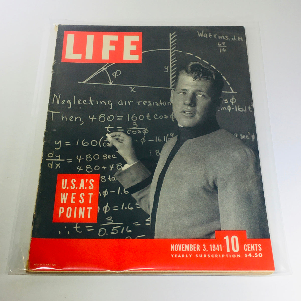 Vintage Life Magazine cover from November 3, 1941, featuring a young man in military attire at USA's West Point, surrounded by mathematical equations. The cover highlights retro ads from WWII, making it an essential collectible for history enthusiasts.