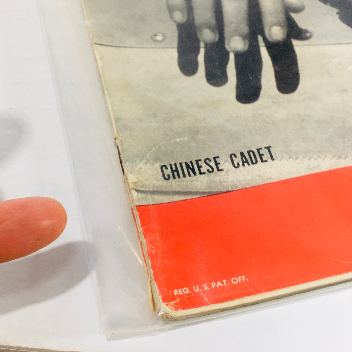 Detail view of the cover of the vintage Life Magazine, May 4, 1942, showing the text 'Chinese Cadet', emphasizing the issue's focus on WWII military collaboration.