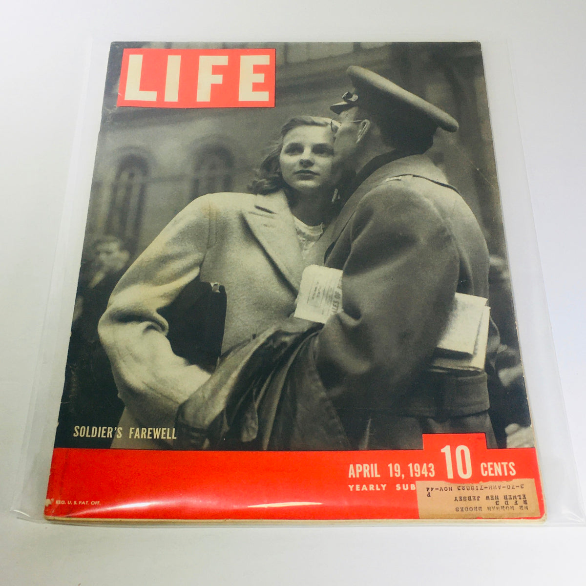 Vintage Life Magazine April 19 1943 featuring the cover story 'Soldier's Farewell', capturing an emotional moment between a soldier and a woman, showcasing wartime sentiments.