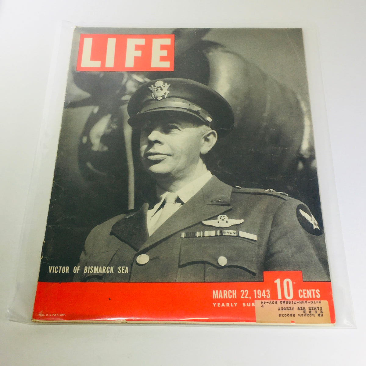 Vintage Life Magazine: March 22, 1943 cover featuring the title 'Victor of Bismarck Sea' with a prominent officer in uniform.