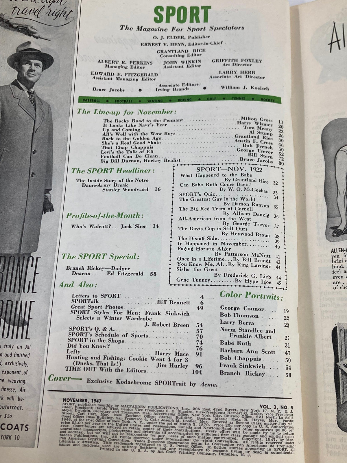 Inside view of VTG Sport Magazine November 1947 Vol 3 #5 featuring a detailed table of contents, advertisers, and sports highlights including Johnny Lujack and other sports profiles.