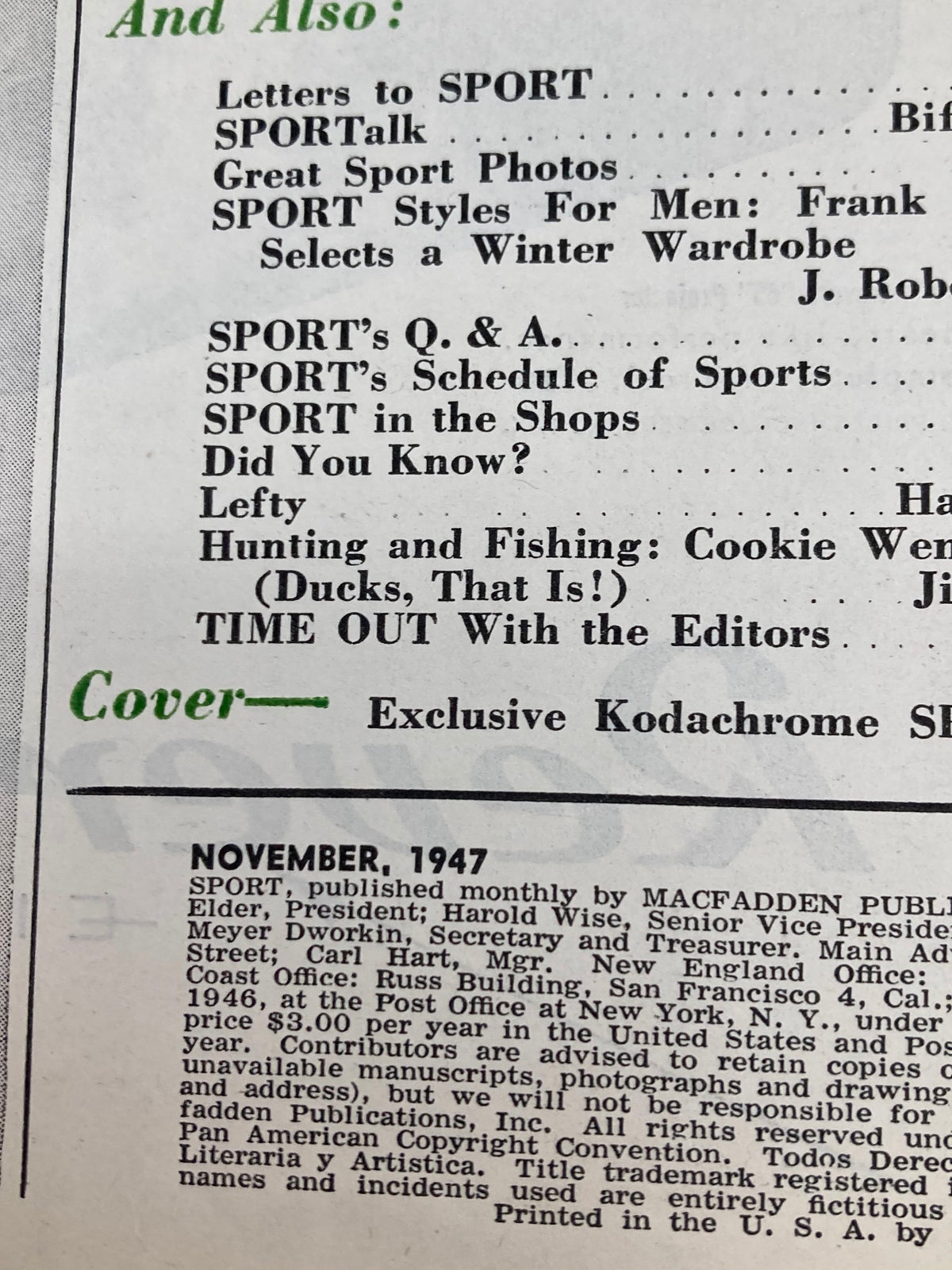Second page view of VTG Sport Magazine November 1947 Vol 3 #5 showcasing articles, letters to the editor, and additional sports topics from the late 1940s.