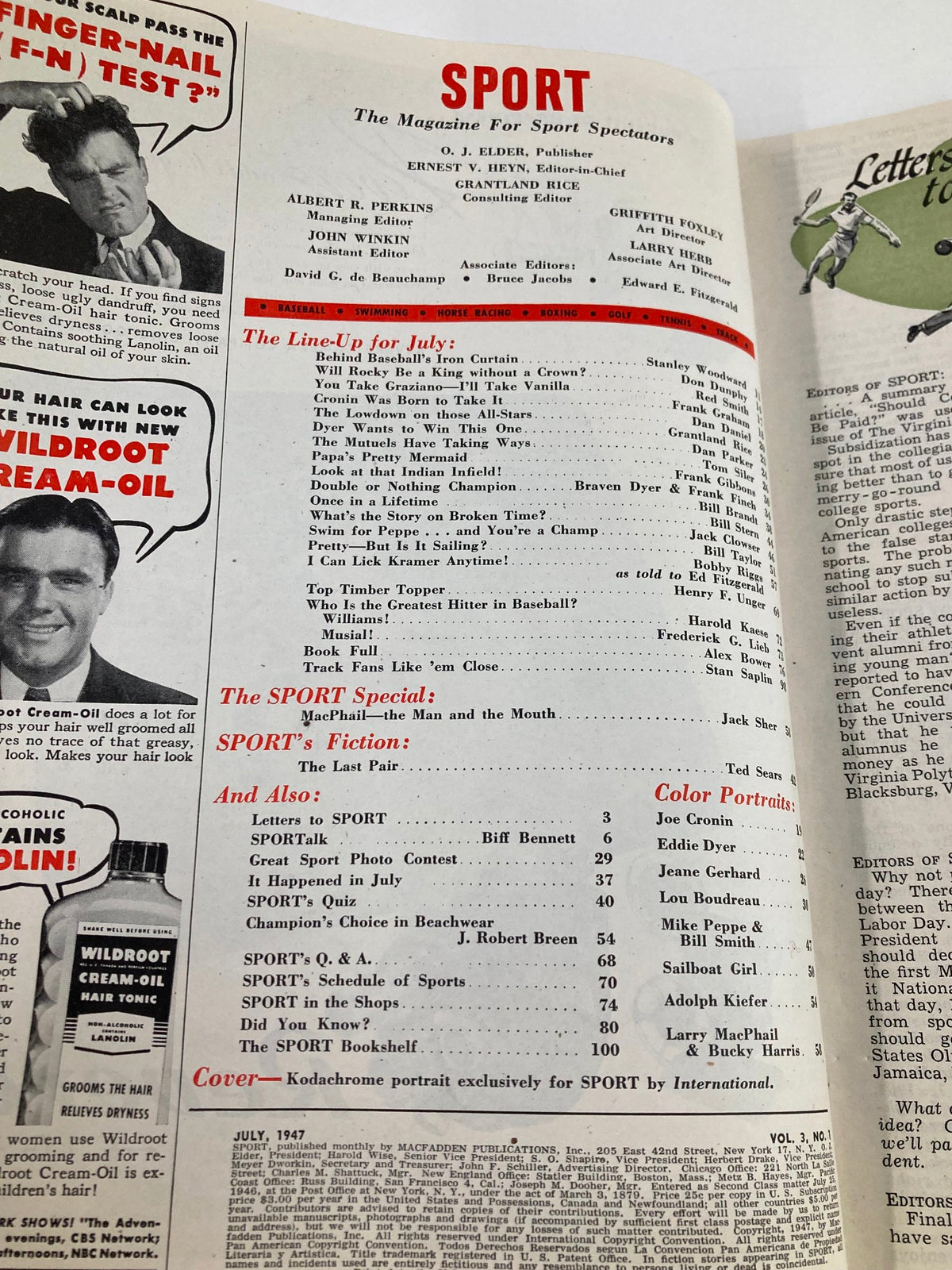 Inside page of VTG Sport Magazine July 1947 Vol 3 #1 highlighting the magazine's table of contents and articles, emphasizing its historical significance in sports literature.