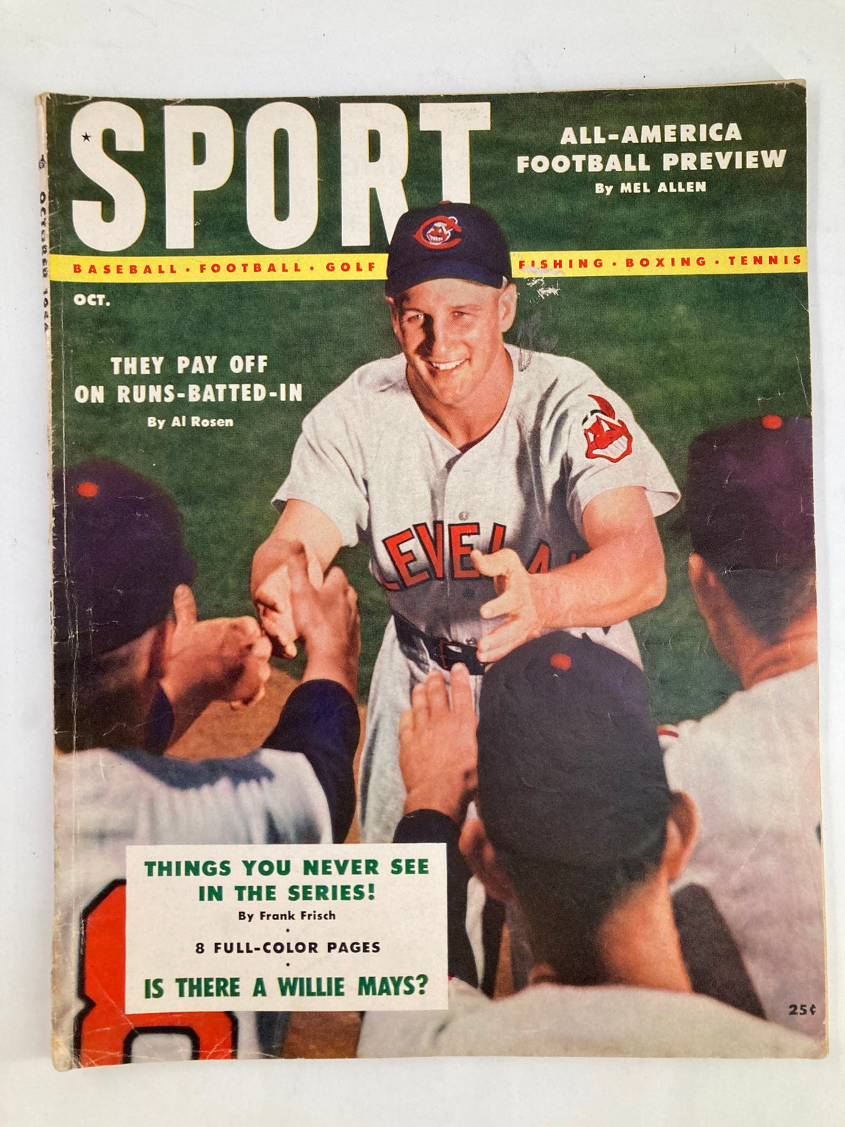 Cover of VTG Sport Magazine October 1954, Volume 17, Number 4, featuring a baseball player from the Cleveland Indians, posing the question 'Is There A Willie Mays?'.