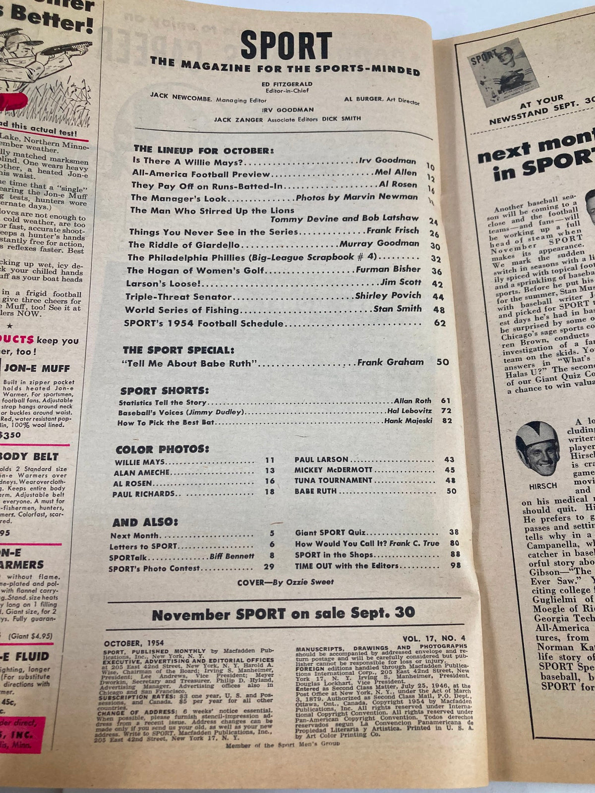Inside pages of VTG Sport Magazine October 1954 Vol 17 #4, featuring the table of contents and articles, including 'Is There A Willie Mays?' and a special on Babe Ruth.