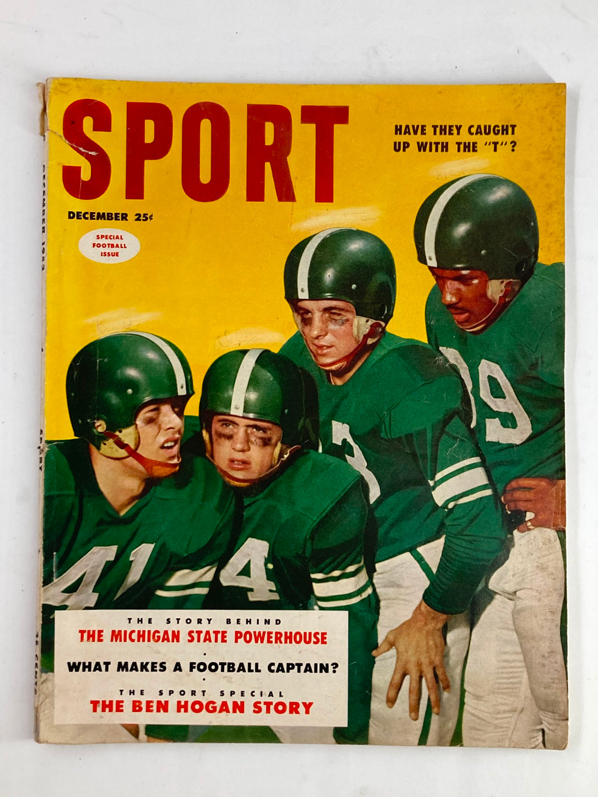 Cover of VTG Sport Magazine December 1953 Vol 15 #6 featuring The Ben Hogan Story, showcasing football players in green helmets on a vibrant yellow background.