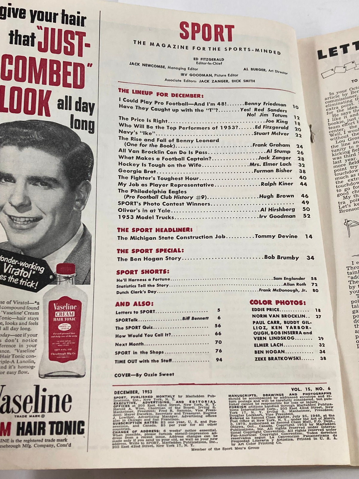 Interior page of VTG Sport Magazine December 1953 Vol 15 #6 listing the lineup and articles, including The Ben Hogan Story and various sports features.