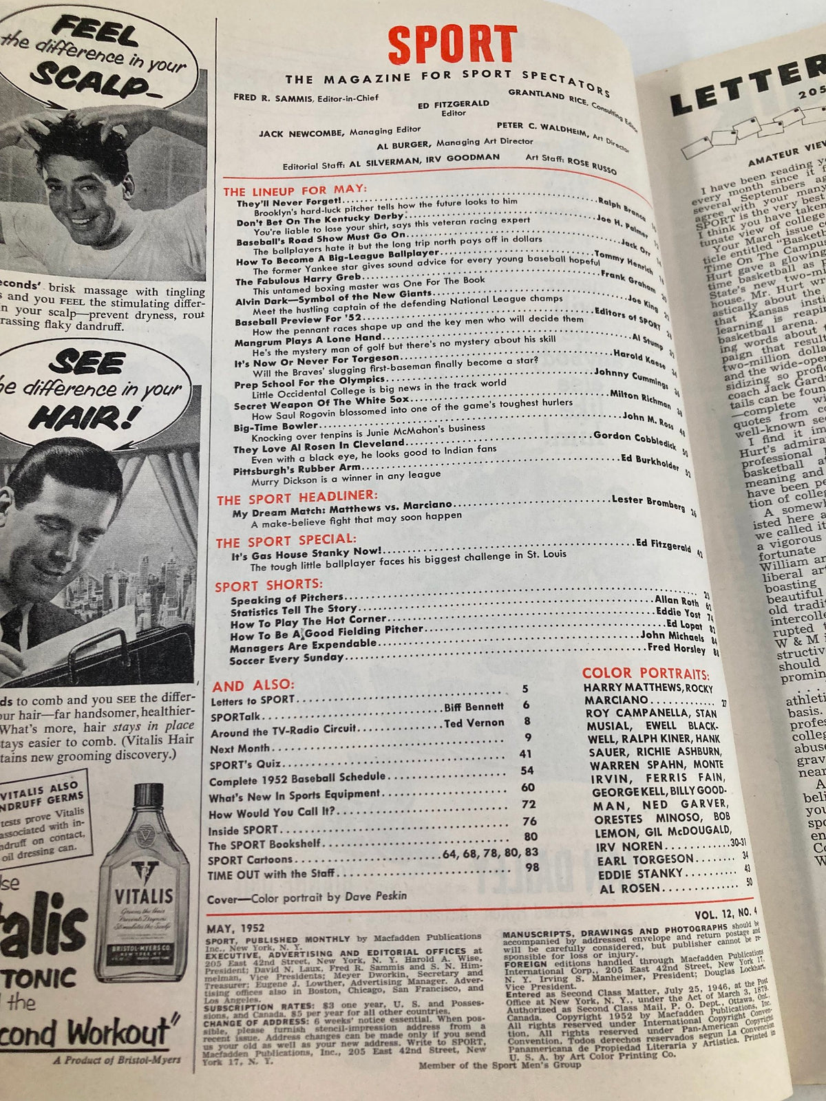 Interior page of VTG Sport Magazine May 1952 Vol 12 #4 with the contents and lineup of articles including a feature on Matthews vs. Marciano.