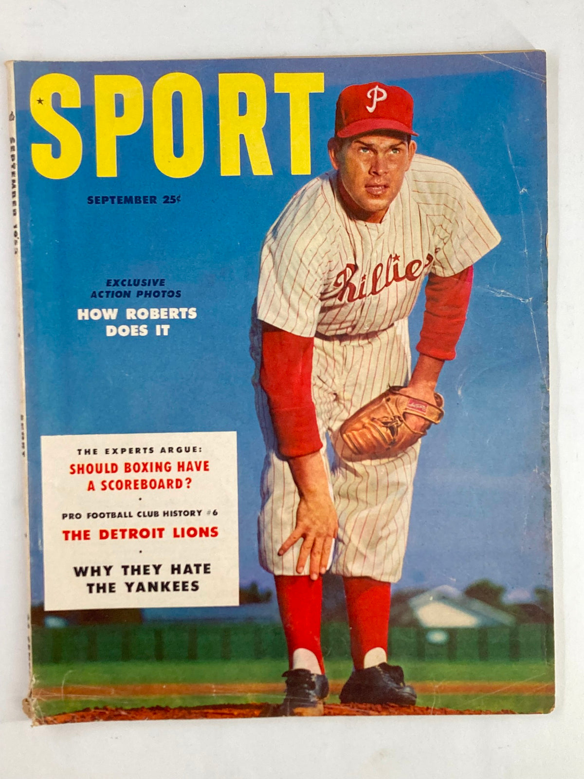 Cover of VTG Sport Magazine September 1953 Vol 15 #3 featuring pitcher Robin Roberts in a Phillies uniform.