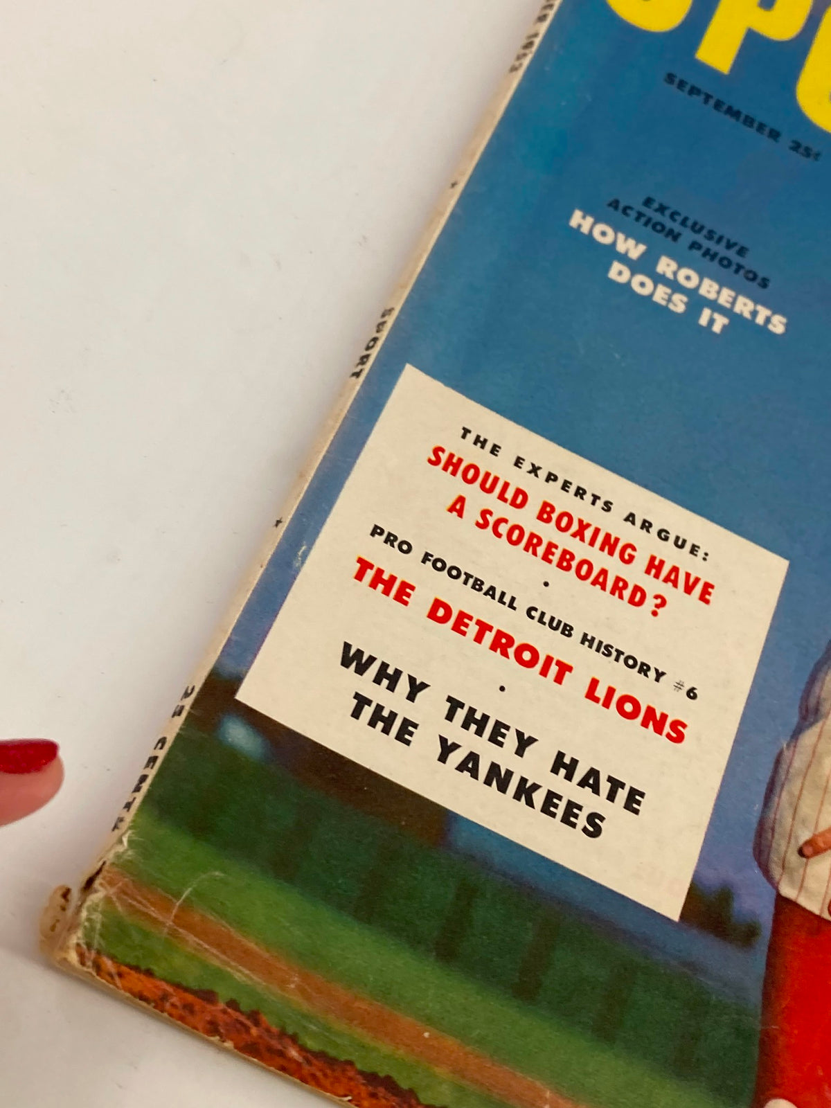 Close-up of VTG Sport Magazine September 1953 Vol 15 #3 cover highlighting articles including 'Should Boxing Have a Scoreboard?' and 'Why They Hate the Yankees'.