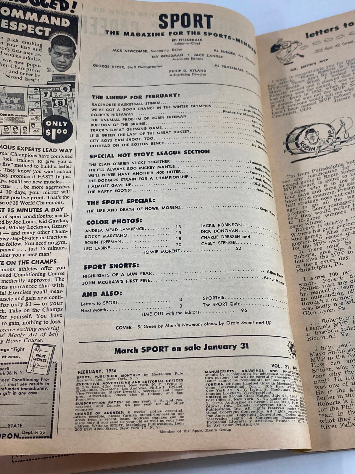 Inside page of the VTG Sport Magazine February 1956 Volume 21 displaying editorial content, articles lineup, and special sections in clear and informative layout.