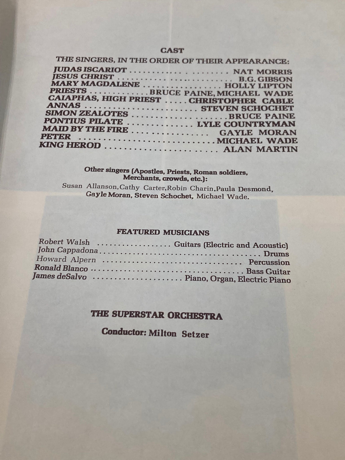 Interior page of the 1970 Jesus Christ Superstar Souvenir Program listing the cast and featured musicians.