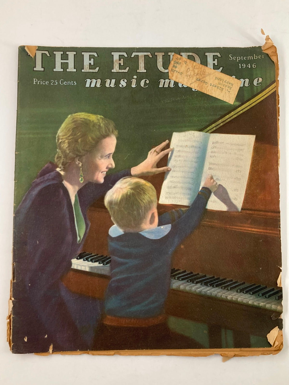 Cover of VTG Etude The Music Magazine September 1946 showcasing a woman teaching a child at a piano, Volume 64, Issue 9, titled Prelude in D Major.