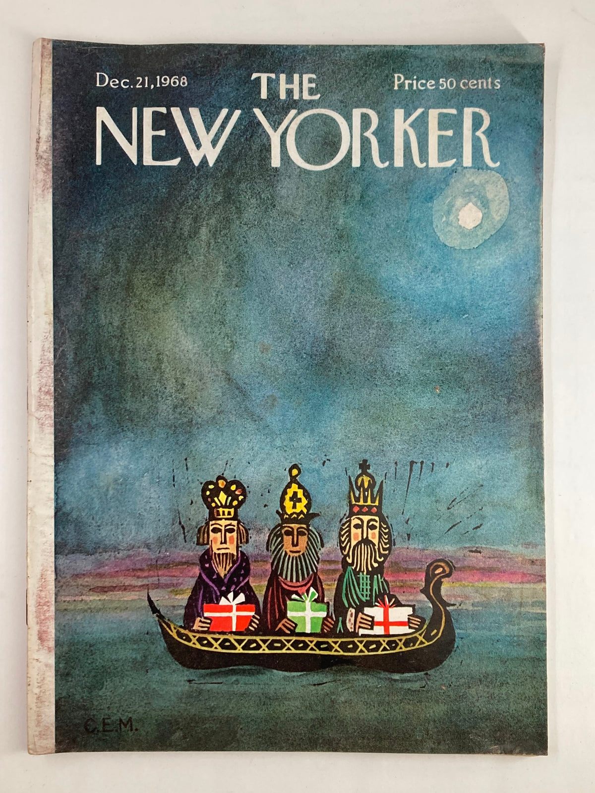 Cover of The New Yorker Full Magazine December 21 1968, featuring an artistic illustration of three kings in a boat, portraying a vintage aesthetic from the late 1960s.