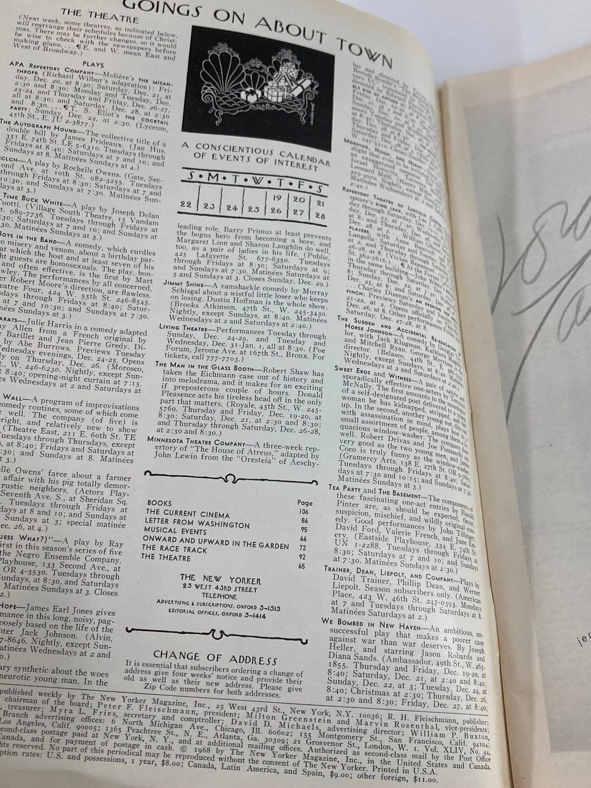 Interior page of The New Yorker Full Magazine December 21 1968, showcasing the section titled 'Goings On About Town,' highlighting events of interest in New York City.