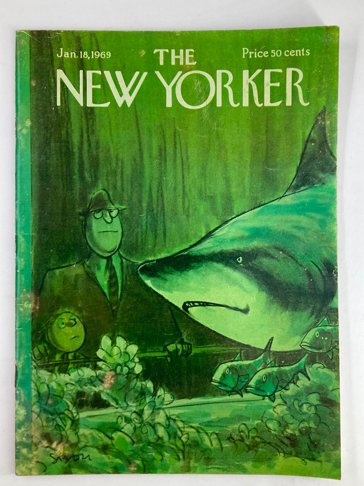 The New Yorker Full Magazine January 18 1969 cover featuring an illustration of a shark and characters by C. Saxon.