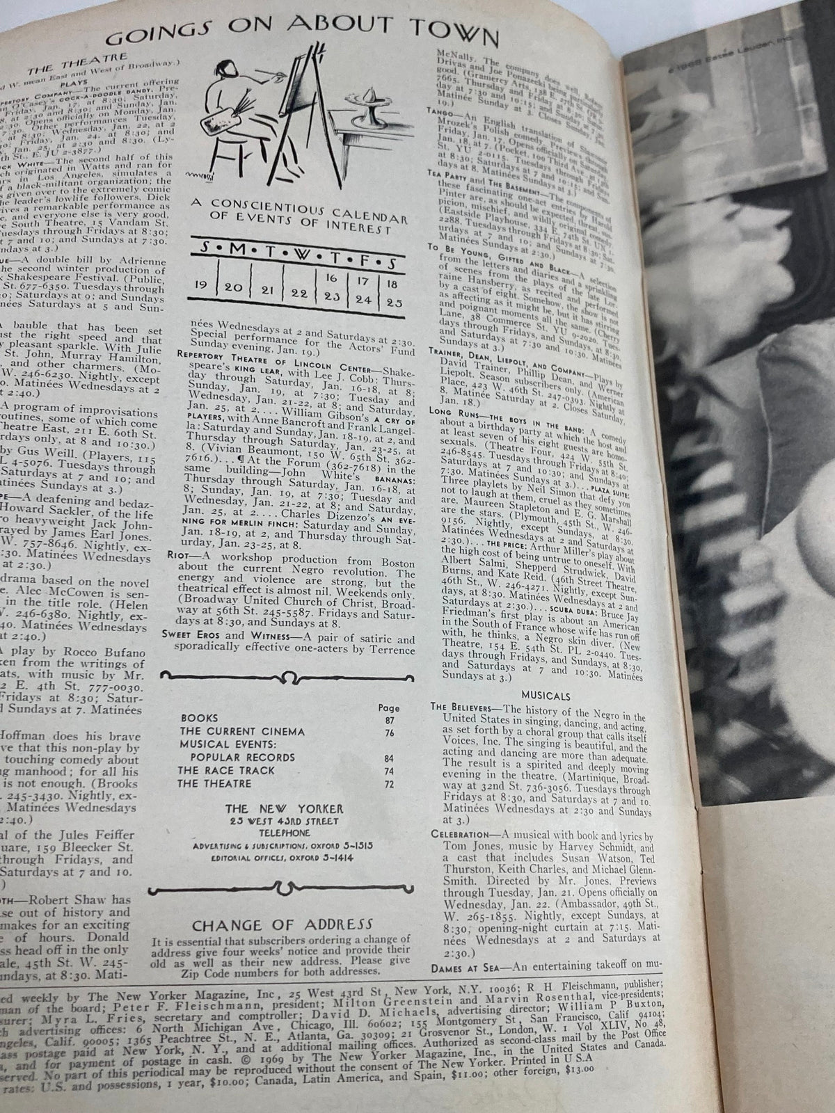 Interior page of The New Yorker Full Magazine January 18 1969 showcasing a calendar of events section.