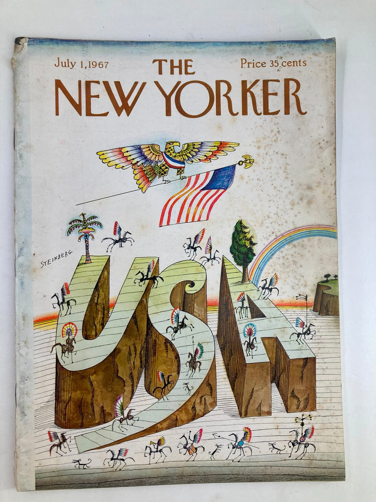 The New Yorker Full Magazine July 1 1967 cover illustrated by Saul Steinberg, showcasing a colorful artistic representation of 'USA' with various playful elements.