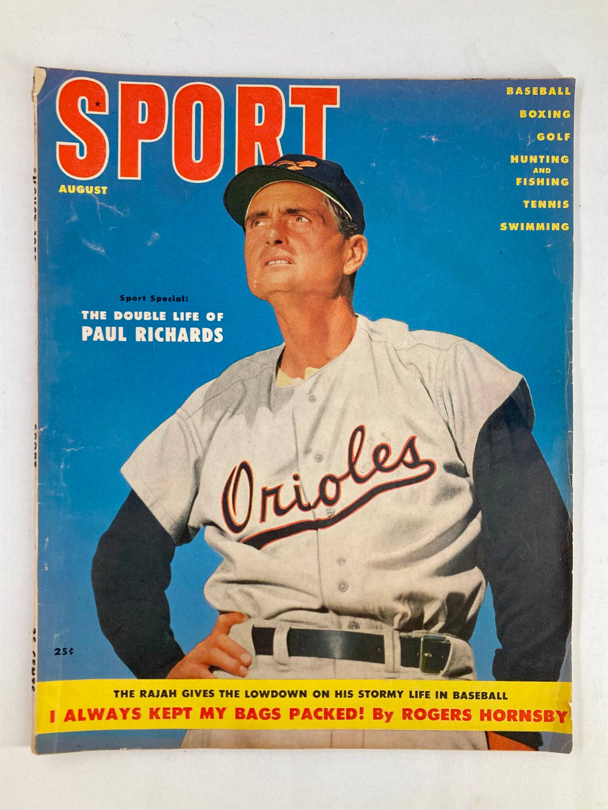 Cover of VTG Sport Magazine August 1955, featuring Paul Richards and titled 'The Double Life of Paul Richards', showcasing vintage sports themes.