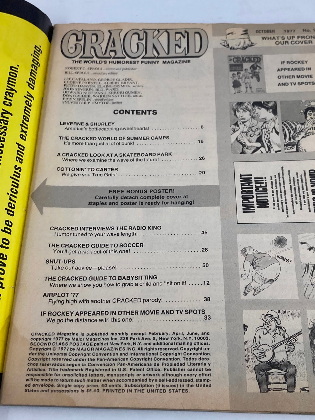 Interior page of the VTG Cracked Humor Magazine October 1977 listing contents including articles and features about Laverne and Shirley, evoking a sense of 1970s humor.