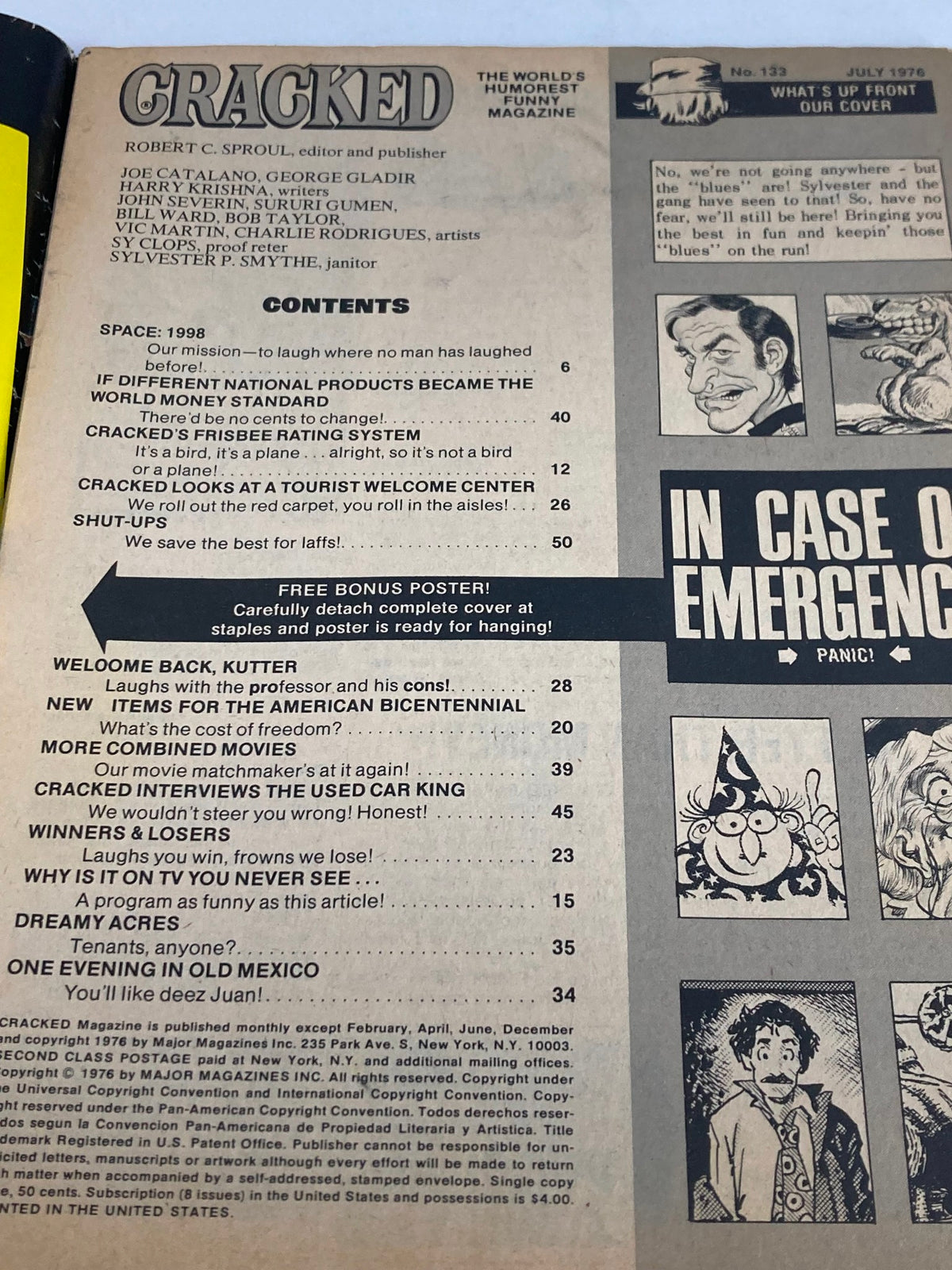 Contents page of the VTG Cracked Humor Magazine, July 1976, Issue #133, featuring a list of articles and features, including 'Space: 1998' and 'Welcome Back, Kutter.' This vintage magazine is a humorous reflection of 1970s culture.