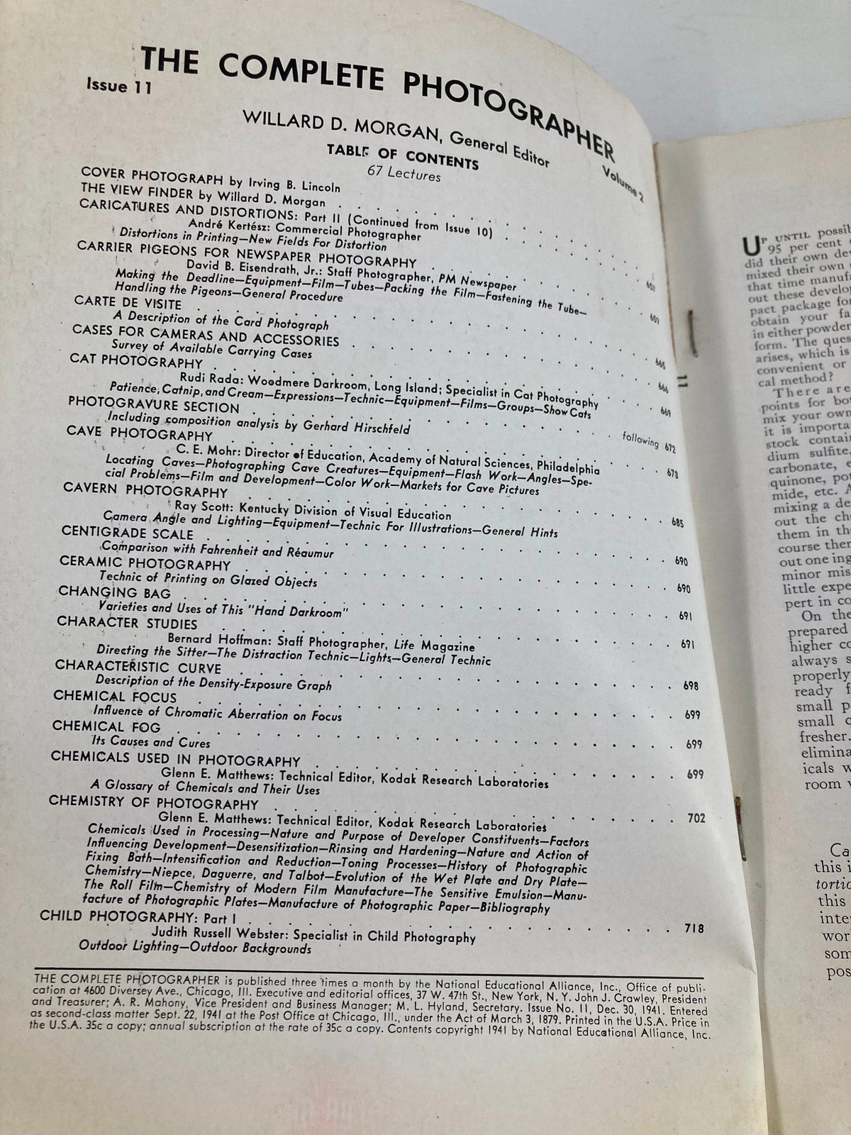 VTG The Complete Photographer Magazine Issue 11 Vol 2 - Table of contents page displaying article titles in photography.