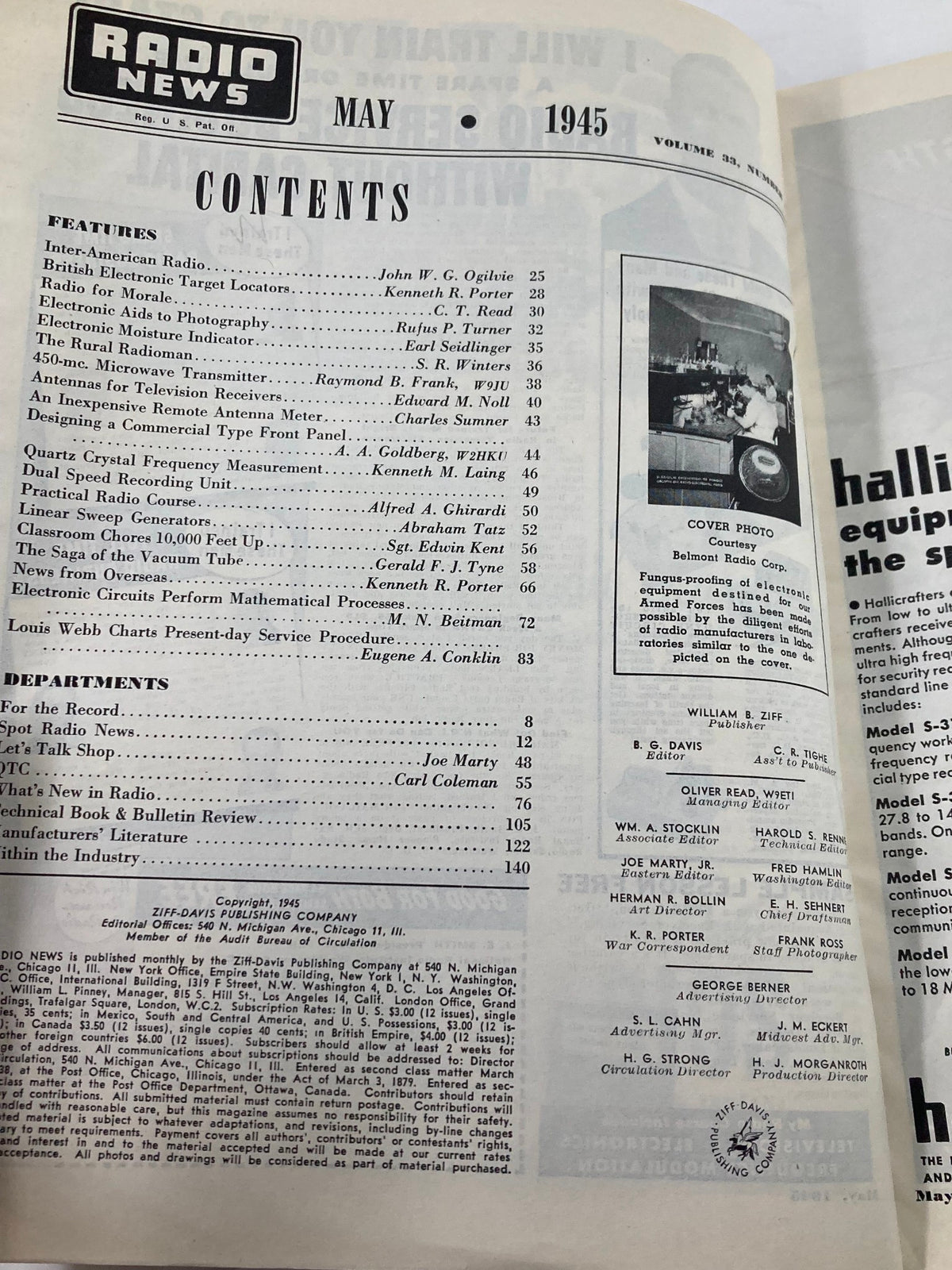 Interior view of the VTG Radio News Magazine from May 1945, displaying the table of contents and featuring articles on radio technology and biological observation of fungus.