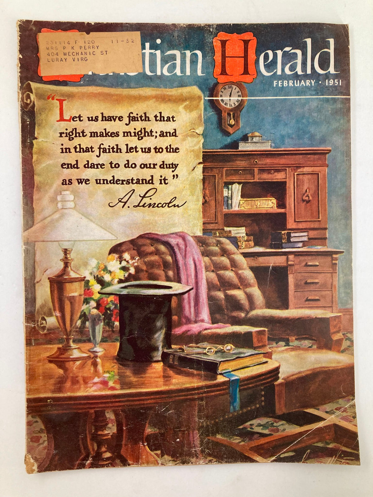 Cover of VTG Christian Herald Magazine February 1951 featuring an inspiring quote from Abraham Lincoln about faith, set against a vintage interior backdrop.