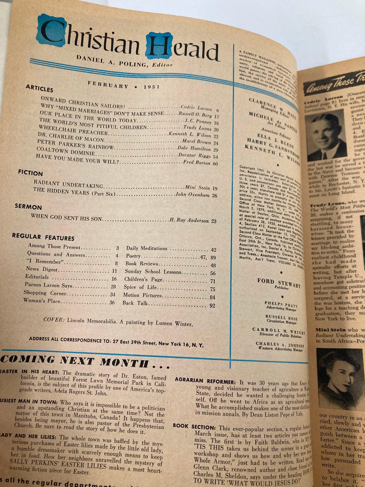 Interior page of VTG Christian Herald Magazine February 1951 featuring articles and regular features list, including an iconic Abraham Lincoln quote.